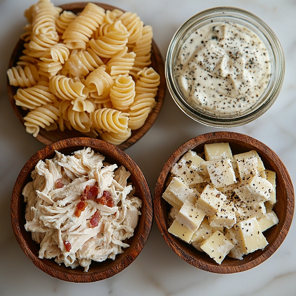 A clean white marble surface featuring a beautiful flat lay arrangement of ingredients for Chicken Bacon Ranch Pasta: tender, shredded cooked chicken in a small rustic bowl showing moist, fibrous texture; a neat pile of golden, slightly glossy cooked pasta noodles with smooth curves; a clear glass bowl of creamy, white ranch dressing with visible herbs speckled throughout; crispy, crunchy bacon bits in a small wooden dish with deep reddish-brown hues; and a heap of shredded cheese in a natural ceramic bowl showcasing pale yellow and white strands with soft texture. Soft natural lighting enhances the warm, inviting colors and varied textures, with subtle shadows adding depth. Minimal props, with a clean, modern look emphasizing freshness and quality. Overhead shot, top down view, flat lay photography, professional food styling --ar 1:1 --q 2 --s 750 --v 6.1