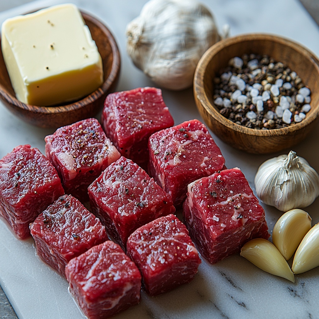 sirloin steak cut into cubes with rich red and marbled textures, three tablespoons of golden creamy butter in a small dish, four whole garlic cloves with papery white skins, rustic coarse salt and cracked black peppercorns scattered artistically, all arranged neatly on a clean white marble surface with subtle natural light casting soft shadows, slight rustic wooden spoon and a small vintage bowl of seasoning to add contrast, minimalistic and elegant composition emphasizing fresh, rich colors and textures, overhead shot, top down view, flat lay photography, professional food styling --ar 1:1 --q 2 --s 750 --v 6.1