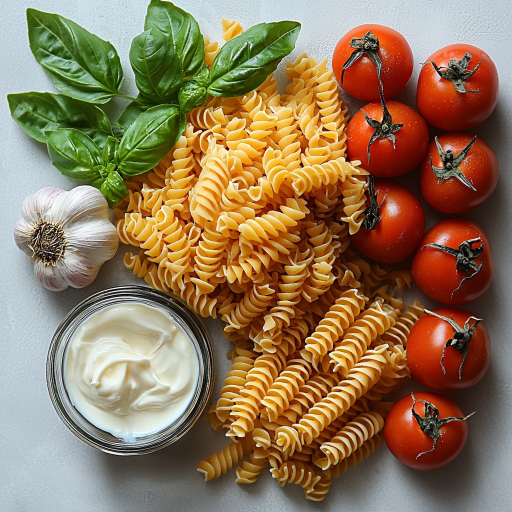 A bright and clean flat lay of the main ingredients for creamy tomato basil pasta arranged on a smooth white surface. In the center, a neat pile of uncooked golden-yellow pasta spirals. To the left, an open can of vibrant red crushed tomatoes with rich texture visible. Nearby, a small glass bowl filled with thick, glossy ivory heavy cream. Two whole garlic cloves with papery white skin rest casually beside the bowl. Fresh green basil leaves with vivid veins are scattered artfully across the scene, adding a pop of natural color and freshness. Soft natural light highlights the varied textures—the smooth cream, the chunky tomatoes, the dry pasta, and delicate basil—creating an inviting, warm atmosphere. The composition balances color and shape evenly with clean shadows for a professional food styling look. overhead shot, top down view, flat lay photography, professional food styling --ar 1:1 --q 2 --s 750 --v 6.1