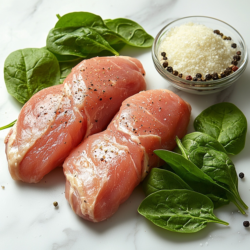 4 raw chicken breasts with smooth, pale pink skin, arranged neatly on a clean white marble surface; a small clear bowl of thick, glossy white cream placed beside fresh vibrant green spinach leaves, loosely piled to show their natural texture and veins; a small rustic bowl filled with finely grated pale yellow Parmesan cheese, sprinkled slightly around the bowl for texture; scattered coarse salt crystals and cracked black peppercorns artfully distributed around the ingredients; soft natural light casting gentle shadows enhancing the fresh, clean colors and textures; minimalistic styling with ample negative space to emphasize each ingredient’s freshness and detail overhead shot, top down view, flat lay photography, professional food styling --ar 1:1 --q 2 --s 750 --v 6.1