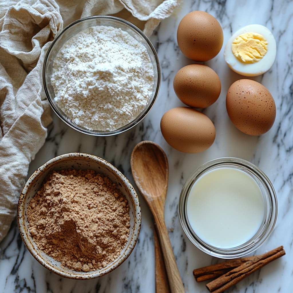 A clean white marble surface with all the main ingredients for cinnamon sugar donuts neatly arranged in a balanced flat lay composition: a small rustic bowl filled with white all-purpose flour, a glass jar of granulated white sugar next to a wooden spoon lightly dusted with flour, two whole fresh brown eggs cracked open in a minimalistic ceramic dish, a clear glass measuring cup containing creamy white milk, and a small white ramekin holding warm brown cinnamon powder. Nearby, a delicate pile of golden cinnamon sugar mixture sparkles subtly, showcasing fine grains and warm hues. The textures contrast softly—the powdery flour, glossy eggshells, smooth milk, and crystalline sugar—styled with natural soft daylight from the side, casting gentle shadows for depth. Minimal props such as a linen napkin folded neatly and a cinnamon stick add rustic charm without clutter. The overall look is bright, clean, and inviting with a focus on natural colors and textures. Overhead shot, top down view, flat lay photography, professional food styling --ar 1:1 --q 2 --s 750 --v 6.1
