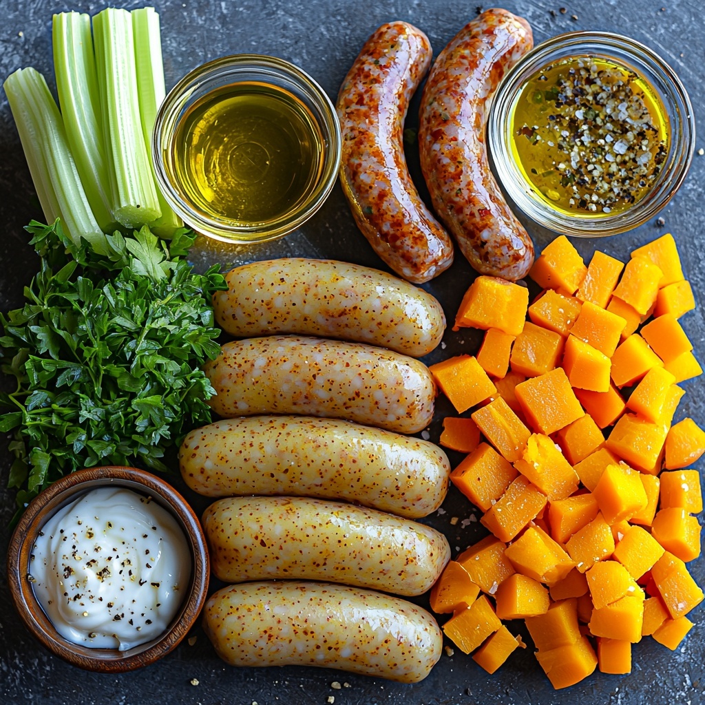 /Imagine prompt: A clean, bright surface featuring all the ingredients for comforting sausage potato soup arranged neatly in a balanced flat lay. Italian sausage links with a rich, reddish-brown color rest beside a small bowl of golden ghee and a glass container of olive oil, both glossy and smooth. Next to them, finely diced bright orange carrots alongside crisp, pale green celery stalks and translucent chopped onions create a fresh, colorful cluster. Two whole garlic cloves with their papery skins add texture contrast nearby. Several golden potatoes cut into chunky, rustic 1-inch pieces sit alongside vibrant orange sweet potato cubes, their rough peel edges visible. Small rustic bowls hold fragrant dried basil, parsley, salt, pepper, and red pepper flakes, each showcasing earthy tones. A clear measuring cup contains rich, amber chicken broth, reflecting light softly, while a matching cup holds clear water. A small bowl of creamy, white coconut yogurt adds a velvety touch. The ingredients are arranged organically yet thoughtfully, with natural shadows and soft, diffused light enhancing the varied colors and textures — warm, inviting tones, sharp details of textures from smooth oils to rough-cut vegetables, spacious negative space around groups of ingredients for breathing room. Overhead shot, top down view, flat lay photography, professional food styling --ar 1:1 --q 2 --s 750 --v 6.1