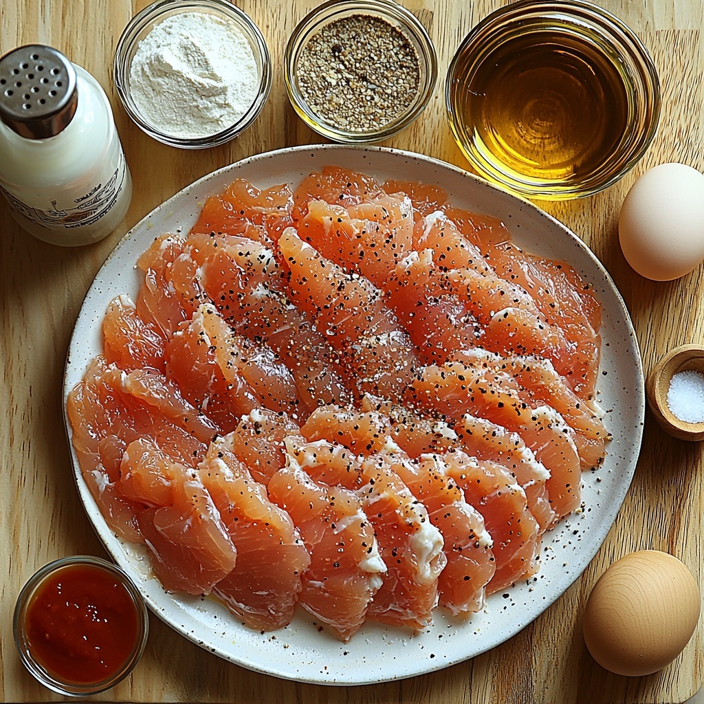 Thinly sliced raw chicken breasts neatly fanned out on a white ceramic plate, a small rustic bowl of white all-purpose flour next to it, surrounded by small glass bowls each with baking powder (white powder), baking soda (fine white powder), salt (coarse white grains), black pepper (coarse black specks), and garlic powder (light beige fine powder), a clear glass bowl filled with creamy pale buttermilk, a separate small bowl with a cracked raw egg showing bright yellow yolk, a small dish of vivid red hot sauce, a shallow dish with golden frying oil glistening, a small bowl holding reserved golden cooking oil, a mound of white flour for gravy on a wooden spoon resting on a light wooden surface, a glass pitcher of cold white milk nearby, salt and pepper shakers placed artfully beside, all ingredients arranged neatly with space between each on a clean, textured light wood or marble background, natural soft lighting highlighting the varied textures and colors, subtle shadows adding depth, slight rustic farmhouse vibe, overhead shot, top down view, flat lay photography, professional food styling --ar 1:1 --q 2 --s 750 --v 6.1