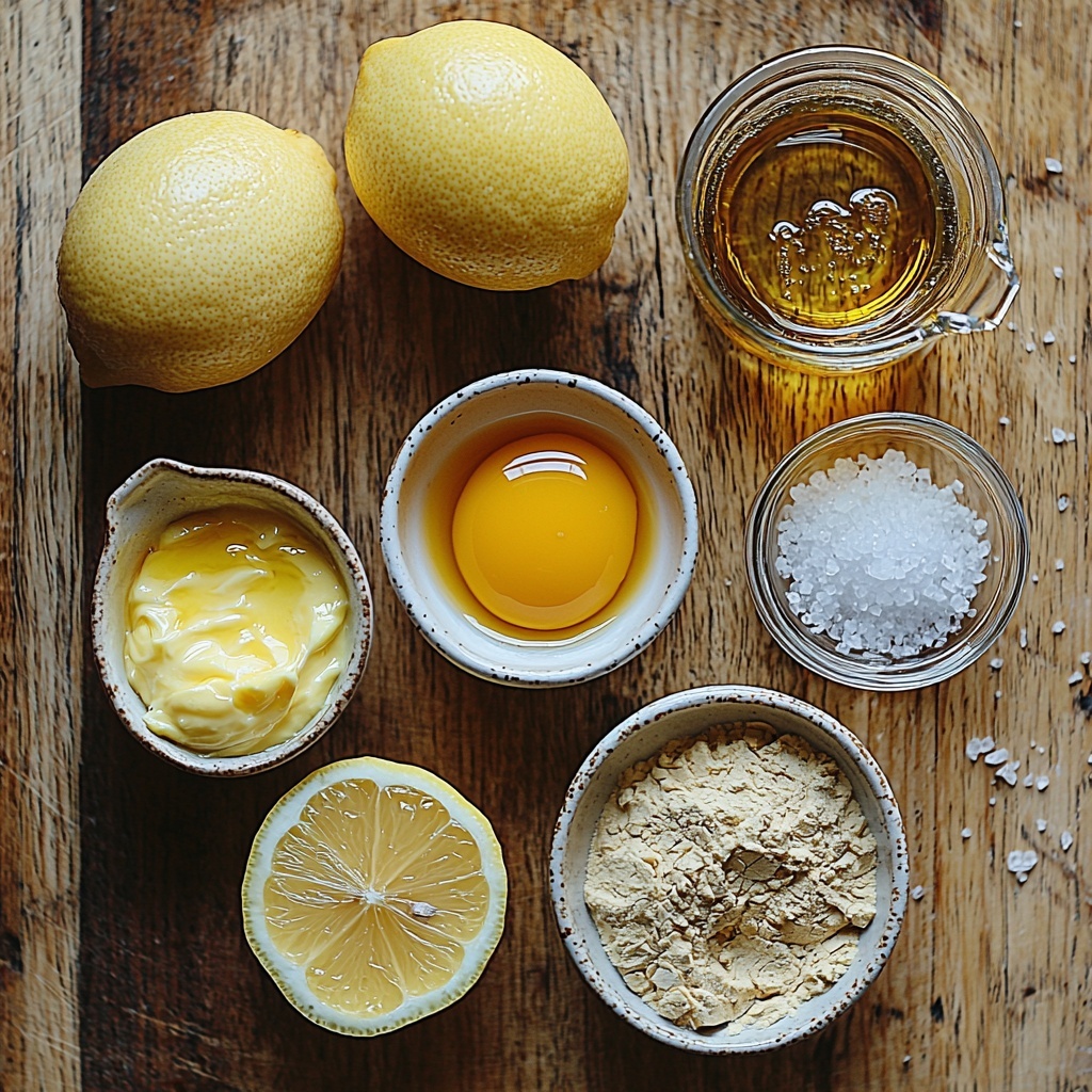 a clean, light wooden surface with all the main ingredients for homemade mayonnaise neatly arranged in a visually pleasing flat lay; two large egg yolks in a small white ceramic bowl showing their vibrant golden yellow color and glossy texture; a small glass ramekin containing smooth, bright yellow Dijon mustard; another small glass dish filled with clear white vinegar or a halved fresh lemon with visible juicy pulp and bright yellow rind; a clear glass measuring cup with light golden olive oil showing its reflective surface and silky texture; a tiny white porcelain spoon holding fine white salt crystals; kitchen tools subtly included—a sleek immersion blender and a white mixing bowl with a few residual egg yolk streaks; natural soft lighting highlighting the vivid colors and smooth textures of each ingredient; subtle shadows for depth; minimalistic styling emphasizing freshness and simplicity; clean edges, neutral background tones to make colors pop; overhead shot, top down view, flat lay photography, professional food styling --ar 1:1 --q 2 --s 750 --v 6.1