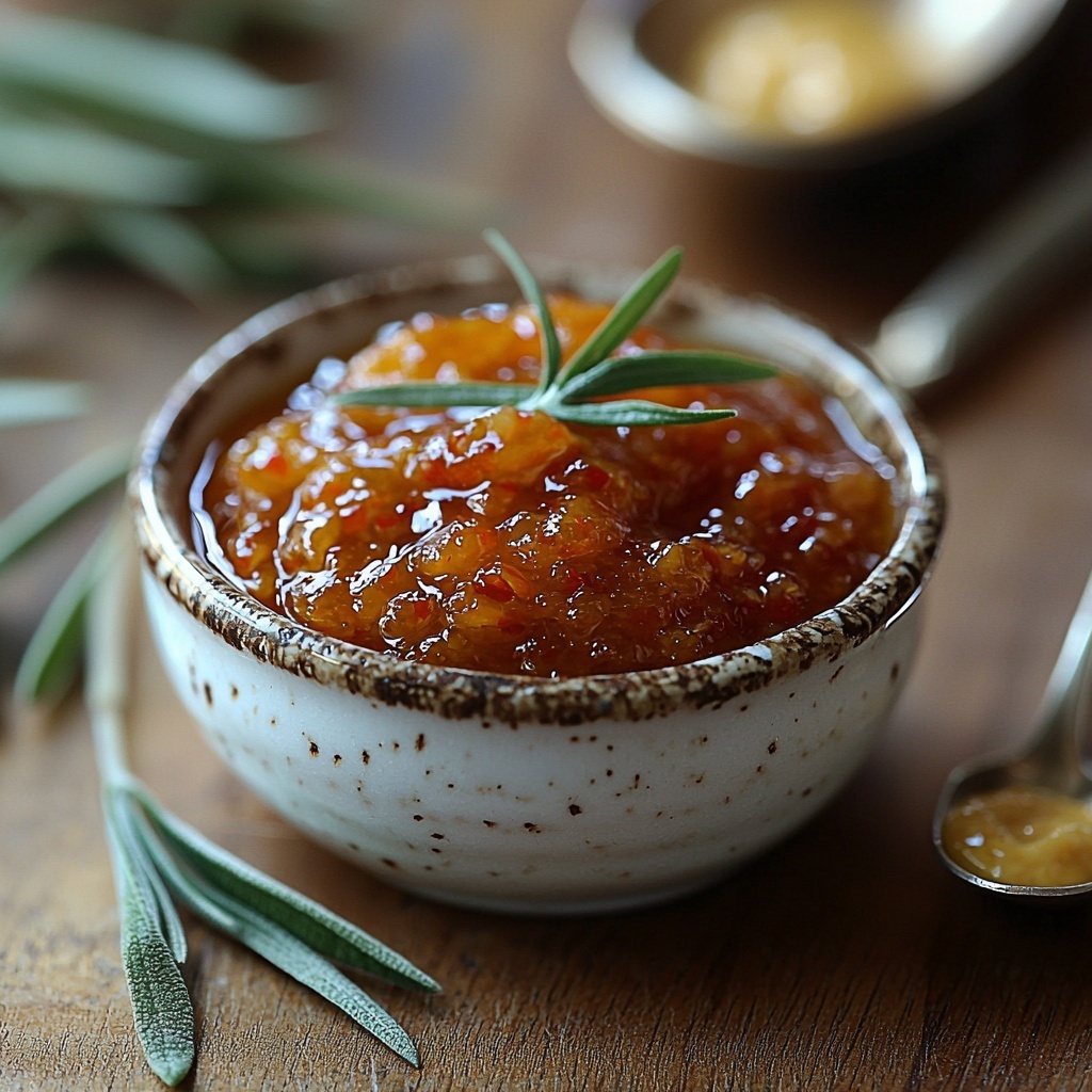 Half cup of glossy apricot jam in a small glass bowl with rich orange hues and smooth texture, a teaspoon of vibrant red sambal chili paste on a rustic ceramic spoon, two teaspoons of creamy pale yellow Dijon mustard elegantly dolloped on a delicate white porcelain dish; ingredients artfully arranged on a clean, light wooden surface with natural soft daylight casting gentle shadows, subtle green herb sprigs and a vintage silver teaspoon adding contrast and visual interest, emphasizing bright colors and varied textures, minimalistic styling with negative space for balance, overhead shot, top down view, flat lay photography, professional food styling --ar 1:1 --q 2 --s 750 --v 6.1
