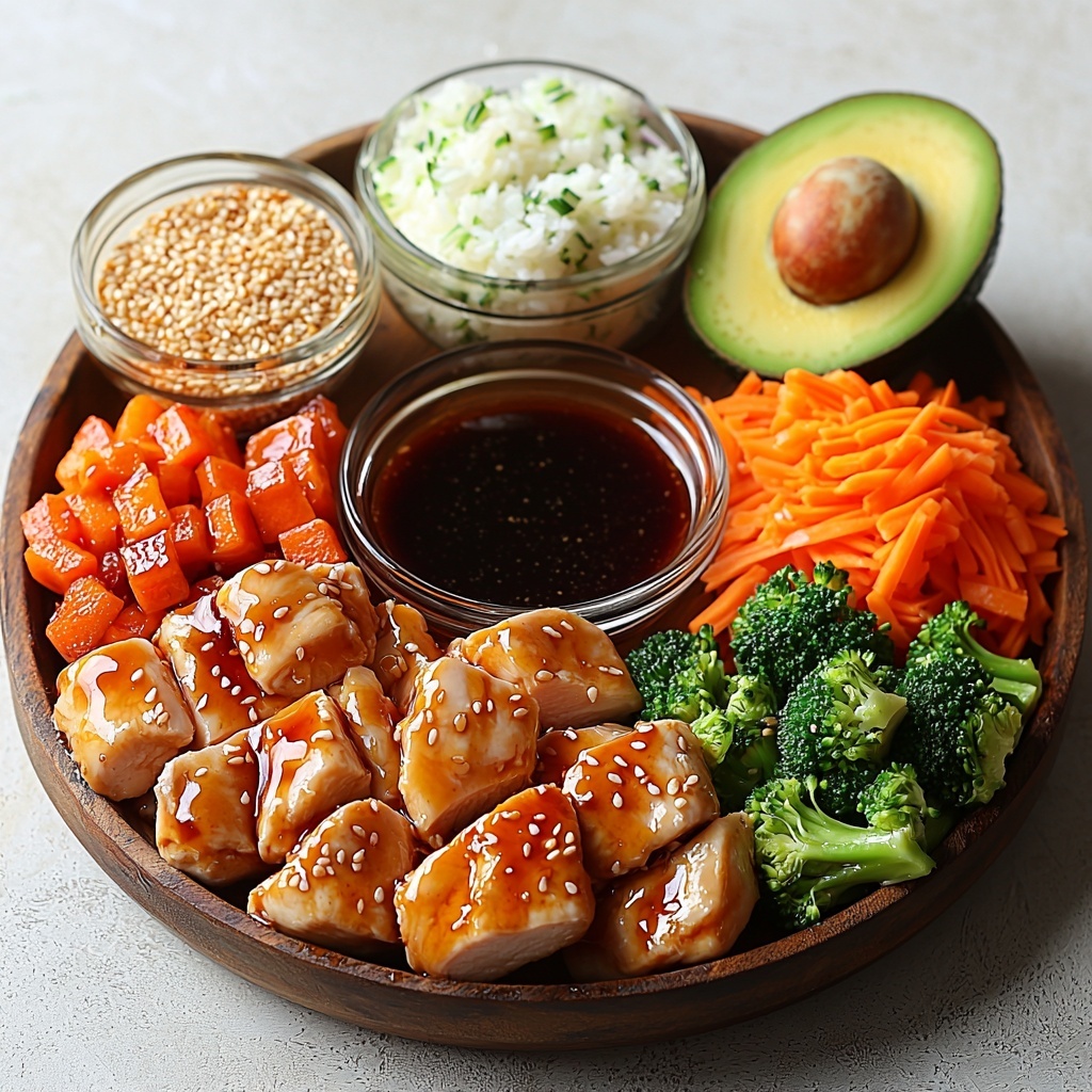 3- boneless skinless chicken thighs raw and cooked with glossy teriyaki sauce, small bowl of dark amber teriyaki sauce, golden vegetable oil in a clear glass container, fluffy cooked white rice in a mound, bright green steamed broccoli florets, vibrant orange shredded carrots in a neat pile, ripe avocado sliced revealing creamy green flesh, small bowl of creamy spicy mayo with a pale pink hue, tiny sesame seeds scattered on a wooden spoon, all ingredients arranged neatly and spaced out on a clean white surface, natural lighting highlighting the contrasting colors and textures, subtle shadows adding depth, minimalistic and fresh styling, overhead shot, top down view, flat lay photography, professional food styling --ar 1:1 --q 2 --s 750 --v 6.1