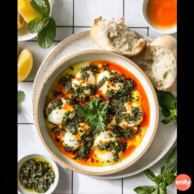 Turkish Eggs with Herbed Greek Yogurt, Spiced Butter, and Spicy Chimichurri Recipe