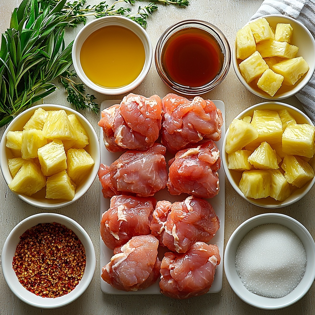 /Imagine prompt: A clean, light-colored surface neatly arranged with the main ingredients for Sweet Hawaiian Crockpot Chicken. Centered are raw, boneless skinless chicken thighs with a pale pink, slightly glossy texture. Surrounding the chicken are small white bowls containing golden brown sugar crystals, dark amber soy sauce with a glossy sheen, and bright yellow pineapple juice with a hint of translucence. Freshly minced garlic cloves rest beside a small heap of finely chopped garlic, and a small white dish holds crushed red pepper flakes, vibrant red with flecks of orange. Nearby, a little clear bowl contains a smooth, white cornstarch powder, paired with a small glass bowl of clear water. The overall layout is balanced and harmonious, with each ingredient clearly visible and spaced to create visual interest. Soft natural lighting highlights the textures and colors, casting gentle shadows for depth. Minimal props, just a clean white linen napkin and subtle greenery in the corner to evoke freshness. The composition emphasizes clarity, freshness, and the tropical sweetness of the recipe. Overhead shot, top down view, flat lay photography, professional food styling --ar 1:1 --q 2 --s 750 --v 6.1