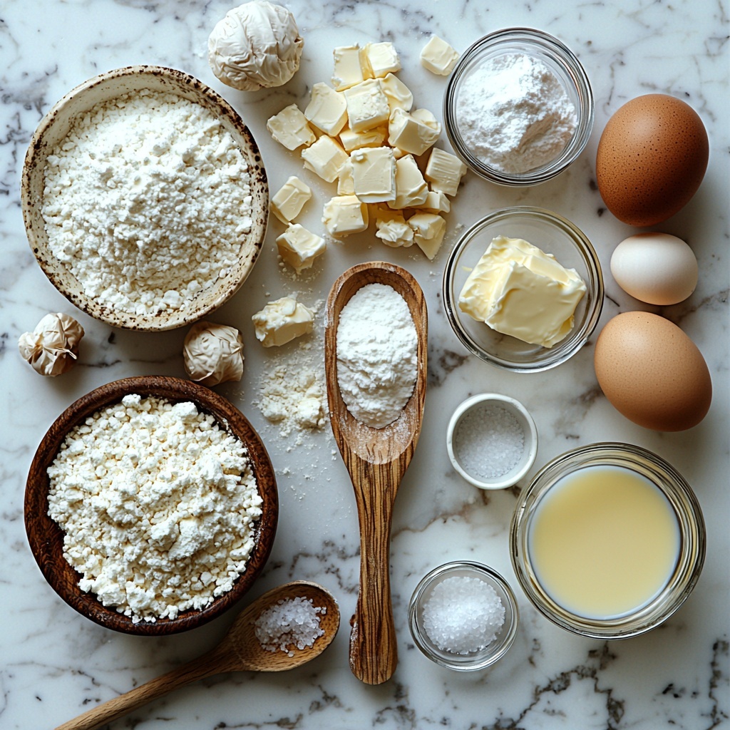 A clean white marble surface with the main ingredients for homemade pancakes neatly arranged: a wooden scoop filled with all-purpose flour showcasing its fine, powdery texture; a small white ceramic bowl holding fluffy white baking powder; a tiny glass dish with sparkling white granulated sugar; a pinch of salt elegantly scattered beside a small wooden spoon; one large fresh brown egg resting in a rustic ceramic dish; a clear measuring cup filled with creamy, pale milk; a small glass bowl with golden melted butter glistening under soft light. The ingredients are spaced evenly with natural light casting gentle shadows, accented by subtle props like a linen napkin in neutral tones and a silver whisk partially visible. The overall color palette is warm and inviting with soft whites, light browns, and creamy yellows, highlighting textures from powdery flour to smooth liquid butter. Overhead shot, top down view, flat lay photography, professional food styling --ar 1:1 --q 2 --s 750 --v 6.1