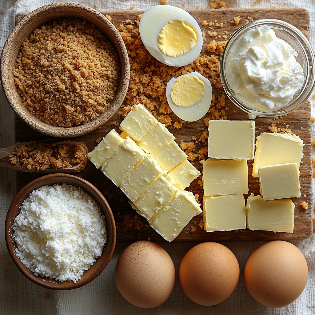 /Imagine prompt: A clean, bright surface showcases the main ingredients for a New York-Style Cheesecake arranged neatly for flat lay photography. On the left, a small rustic bowl filled with golden brown graham cracker crumbs with a wooden spoon resting beside it. Nearby, a delicate white porcelain dish holds fine white granulated sugar, sparkling slightly under soft natural light. Melted unsalted butter glistens in a small glass measuring cup, its warm yellow color contrasting beautifully with a block of smooth, pale cream cheese, four packages stacked and softly softened around it. Scattered around are four large brown eggs with smooth shells, complementing the arrangement’s earth tones. A small bowl of thick, creamy sour cream with glossy texture sits near a tiny glass jar of amber vanilla extract and a bright yellow lemon zest twist adding a pop of color and freshness. The overall look is clean and fresh with gentle shadows, natural textures, and subtle warm tones, styled with minimal rustic props on a crisp white background. Overhead shot, top down view, flat lay photography, professional food styling --ar 1:1 --q 2 --s 750 --v 6.1