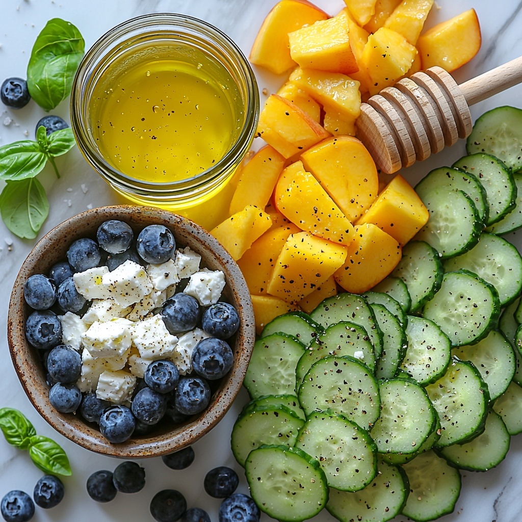 fresh blueberries in a small rustic bowl, diced ripe peaches arranged in a neat pile, thinly sliced Persian cucumbers fanned out, a small white ramekin filled with crumbly feta cheese, a glass jar with lemon juice, a dollop of golden honey on a ceramic spoon, a small bowl of olive oil with a subtle shimmer, a wooden scoop holding finely chopped fresh green basil, a small dish with dijon mustard, sprinkling of kosher salt crystals and fresh ground black peppercorns scattered artfully, all ingredients placed on a clean white marble surface with soft natural light enhancing their vibrant colors and varied textures, subtle shadows adding depth, minimal props for an elegant and fresh summer vibe, overhead shot, top down view, flat lay photography, professional food styling --ar 1:1 --q 2 --s 750 --v 6.1