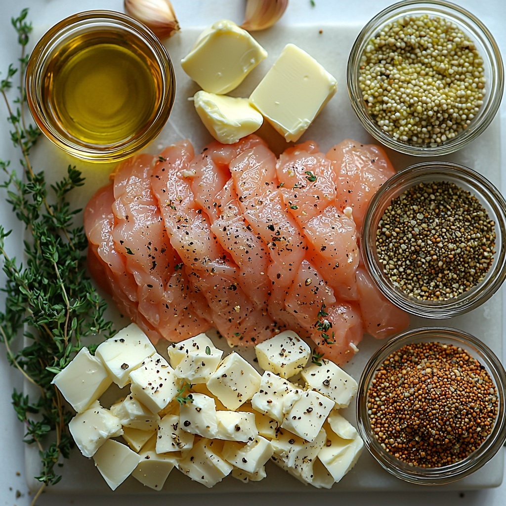 4 boneless, skinless chicken breasts raw, plump and pale pink, sprinkled lightly with coarse salt and freshly ground black pepper; small glass bowl with golden olive oil, smooth and glossy; pat of unsalted butter creamy and slightly softened on a white ceramic dish; finely chopped onion pieces white and translucent with delicate texture scattered artfully; two cloves garlic minced finely, creamy white with rough edges; clear glass measuring cup filled with light golden chicken broth, smooth surface reflecting light; small white bowl with thick, glossy heavy cream, bright white and silky; spoonful of vibrant yellow Dijon mustard with smooth texture beside a teaspoon of rustic whole grain mustard rich brownish yellow, visibly textured with mustard seeds; small sprigs of fresh thyme leaves vibrant green, delicate and slightly curled; handful of chopped fresh parsley bright vivid green with a crisp, leafy texture; all ingredients carefully spaced and arranged on a clean white surface, natural soft morning light casting gentle shadows, subtle rustic wooden spoon and linen napkin placed nearby for warmth; colors contrasting yet harmonious—whites, greens, yellows, and natural browns creating an inviting palette; textures from smooth cream to rough chopped herbs visually appealing in a balanced, uncluttered composition — overhead shot, top down view, flat lay photography, professional food styling --ar 1:1 --q 2 --s 750 --v 6.1