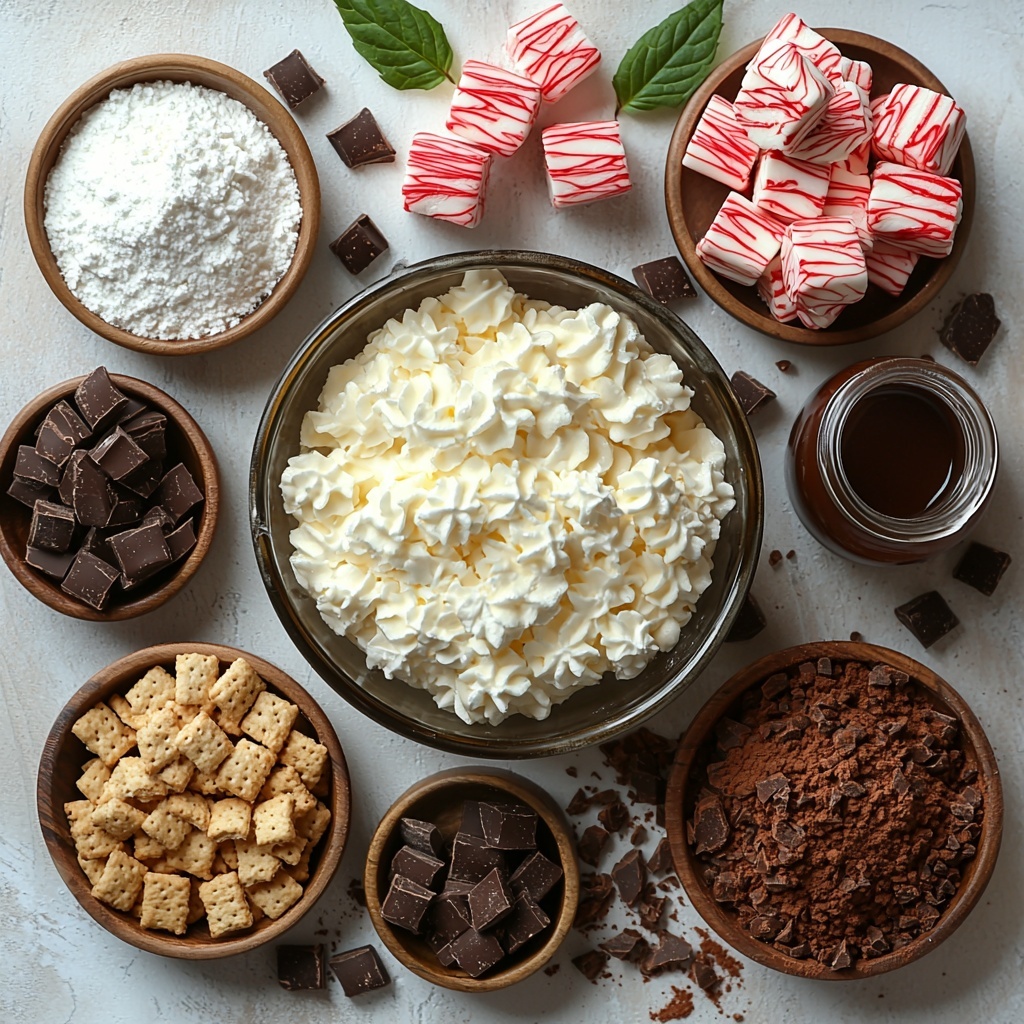 Cream cheese, softened and creamy white, smooth texture in a small glass bowl; powdered sugar, fine and snowy white, lightly dusted beside the bowl; unsweetened cocoa powder, rich dark brown, in a rustic ceramic dish showing its powdery texture; peppermint extract in a small clear glass bottle with a minimalist label; fluffy whipped cream, pristine white, swirled artfully on a small plate; chocolate graham cracker crumbs, golden to deep brown, heaped in a shallow wooden bowl illustrating crumbly texture; melted butter, glossy and golden, pooled in a small glass ramekin; crushed peppermint candies, vibrant red and white shards, scattered artistically around the bowls adding bright color contrast; chocolate syrup, deep glossy brown, drizzled elegantly with a small spoon nearby; all arranged neatly on a clean, matte white surface with subtle natural light highlighting the textures and colors, a few fresh peppermint leaves added for a pop of green and festive touch, shadows soft and minimal, overhead shot, top down view, flat lay photography, professional food styling --ar 1:1 --q 2 --s 750 --v 6.1