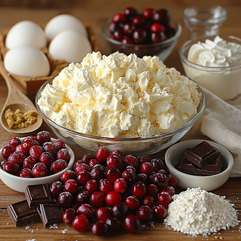 16 oz fresh cranberries bright red with glossy skins, 1 cup white granulated sugar sparkling white crystals in a small glass bowl, 1/2 Tbsp golden vanilla extract in a small clear glass dish, 1½ cups light brown graham cracker crumbs spread in a neat pile, ¼ cup rich brown sugar granules in a small mound, 5 Tbsp melted butter warm golden hue in a small metal measuring cup, 1 tsp vanilla extract in a tiny glass container, 24 oz cream cheese smooth and creamy white block, ¾ cup airy heavy whipping cream in a clear bowl with soft peaks, 2 Tbsp thick sour cream in a white ceramic spoon, 2 fresh brown eggs with smooth shells, 1 tsp vanilla extract in a miniature bottle, 2 Tbsp fine white corn starch powder arranged carefully, ½ cup white granulated sugar in a glass ramekin, 1 vanilla bean dark brown and glossy laid diagonally, 8 oz white baking chocolate bars neatly stacked, 8 oz cream cheese softened in a light white block, 8 oz whipped topping fluffy and white in a bowl, 8 oz fresh cranberries vibrant red clustered artistically, 1 1/2 cups clear water in a glass measuring cup, 1 1/2 cups white granulated sugar in a large bowl, ½ cup fine white caster sugar in a delicate glass container. All ingredients meticulously arranged on a clean, light wood surface with natural sunlight casting soft shadows. Colors are vibrant reds, creamy whites, warm browns, and soft golds, showcasing varied textures from smooth cream cheese to granular sugars and glossy cranberries. Accents include a wooden spoon, a small whisk, and a linen napkin folded casually at the edge. Overhead shot, top down view, flat lay photography, professional food styling --ar 1:1 --q 2 --s 750 --v 6.1