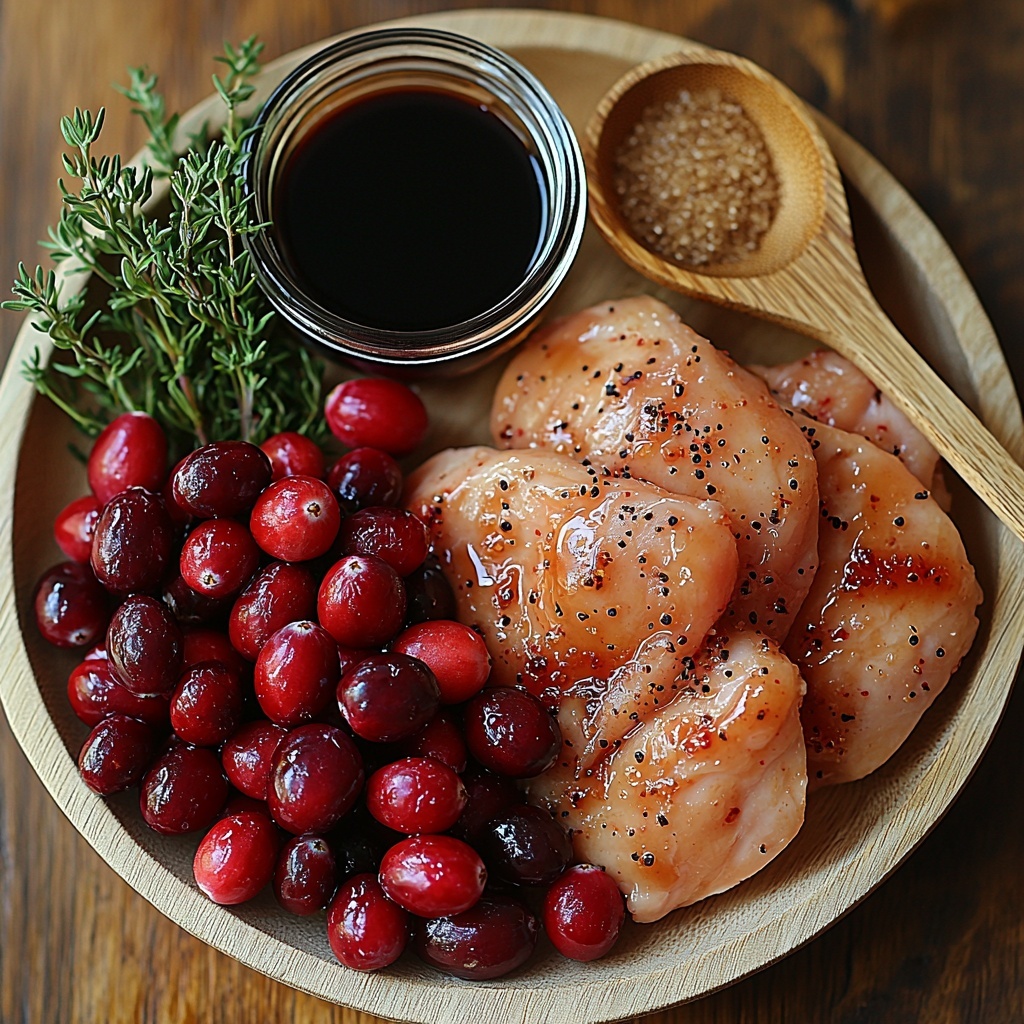4 boneless chicken breasts, fresh bright red cranberries in a small rustic bowl, rich dark brown sugar in a wooden scoop, several peeled garlic cloves finely minced on a white ceramic dish, deep amber olive oil in a small glass jar, glossy dark soy sauce in a shallow white ramekin, fresh green thyme sprigs arranged delicately, all ingredients neatly spaced on a clean light wood surface with soft natural lighting enhancing the vibrant colors and textures, subtle shadows for depth, minimal props for a modern and fresh aesthetic, overhead shot, top down view, flat lay photography, professional food styling --ar 1:1 --q 2 --s 750 --v 6.1