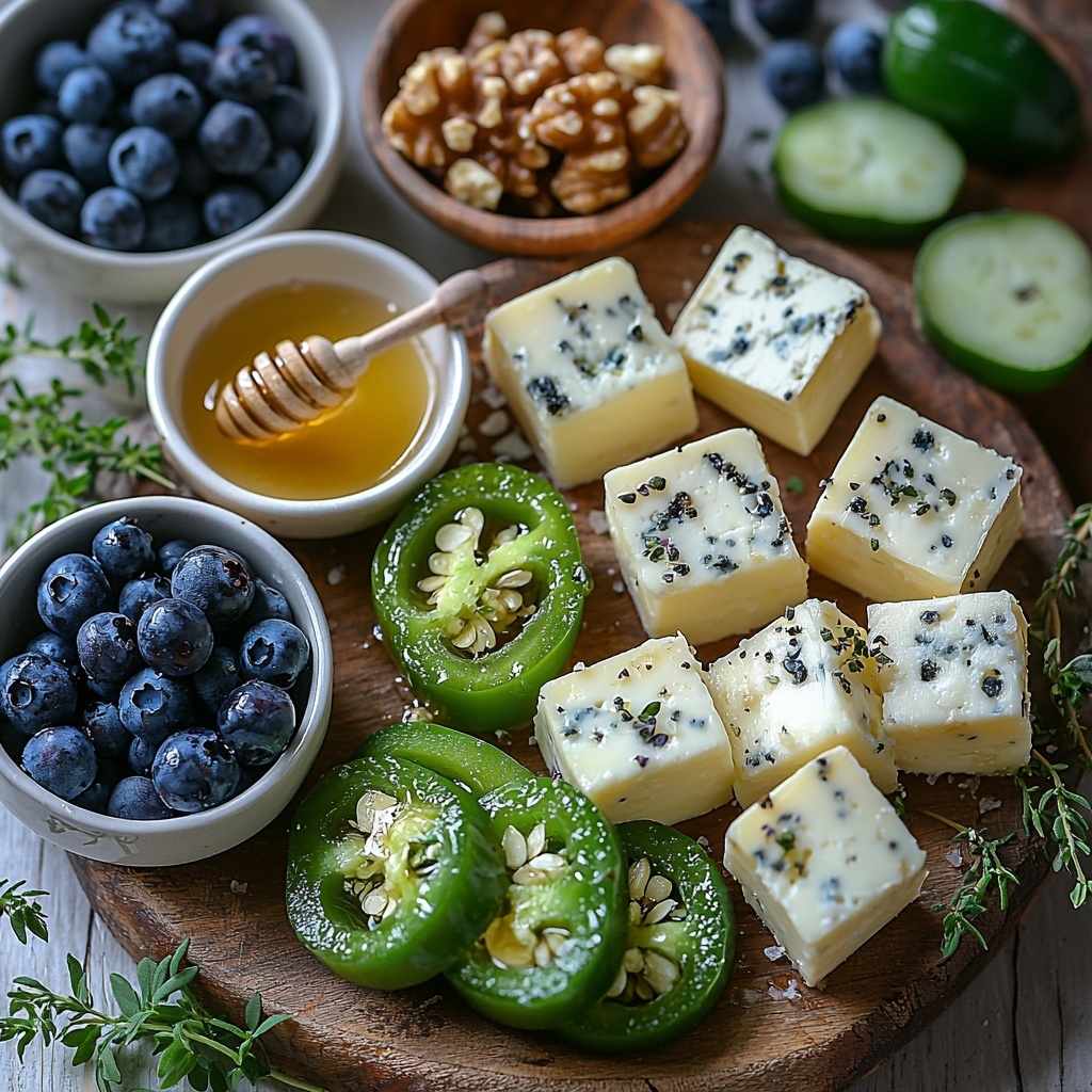 10 to 12 halved, seeded jalapeños with vibrant green skins and glossy, smooth interior surfaces; small cubes of creamy, pale ivory brie cheese with soft, slightly wrinkled rind; a small bowl of deep purple blueberry preserves with a glossy, sticky texture alongside a handful of plump fresh blueberries displaying rich blue and indigo hues; a delicate drizzle of golden honey on a modern white ceramic spoon; a small rustic bowl of finely chopped walnuts or pecans showing their light brown, textured crunch; a scattering of bright yellow lemon zest strands adding a fresh pop of color; a pinch of coarse sea salt crystals sparkling subtly; fresh sprigs of bright green thyme and parsley leaves with fine details and delicate veins; all ingredients carefully arranged on a pristine, matte white surface, spaced to highlight individual textures and colors, with natural soft lighting creating gentle shadows and emphasizing freshness and vibrancy, styled minimally with a clean, modern aesthetic, some ingredients grouped harmoniously while others are slightly scattered to add visual interest, overhead shot, top down view, flat lay photography, professional food styling --ar 1:1 --q 2 --s 750 --v 6.1