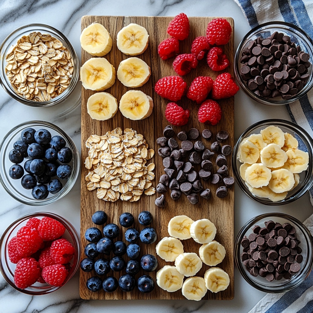 banana, rolled oats, almond milk in a glass measuring cup, two whole eggs and one egg white in a small bowl, fresh whole banana and sliced banana pieces arranged neatly on a wooden board, small glass bowls of real maple syrup, fresh mixed berries (blueberries, raspberries, strawberries), chocolate chips scattered delicately, sliced almonds in a tiny white dish, baking powder and salt in small clear glass containers, all ingredients laid out on a clean white marble countertop with soft natural light illuminating textures and colors — warm tones of golden oats, creamy almond milk, bright yellow banana, vibrant red and blue berries, glossy chocolate chips, and smooth syrup pools, minimal shadows, calm and inviting atmosphere, balanced composition with a mix of round, oval and organic shapes, slight rustic touch with wooden board and linen napkin for contrast overhead shot, top down view, flat lay photography, professional food styling --ar 1:1 --q 2 --s 750 --v 6.1