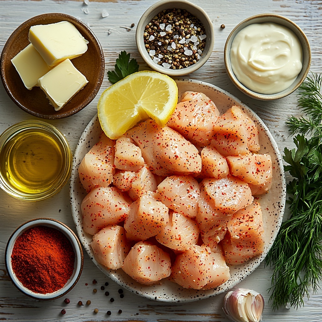 4 boneless, skinless chicken breasts raw and plump, arranged neatly, surrounded by small bowls and loose ingredients: a bowl of softened unsalted butter creamy and pale yellow, a small dish of smoked paprika deep red powder, a ramekin with coarse salt crystals, another with cracked black pepper, a wooden spoon holding vibrant red pepper flakes, fresh garlic cloves whole and minced scattered artfully on a rustic white ceramic plate, a wedge of bright yellow lemon with drops of juice glistening, a small glass jar of golden olive oil, a ramekin of Dijon mustard smooth and pale yellow, fresh green parsley and dill sprigs with delicate leaves laid out for garnish, a small clear bowl of heavy cream pure white and thick, and a small glass container of light golden chicken broth. All placed neatly on a clean, light wood surface with soft natural daylight highlighting the textures and colors, slight shadows for depth, minimalistic styling with some fresh herbs scattered loosely to add organic freshness. Overhead shot, top down view, flat lay photography, professional food styling --ar 1:1 --q 2 --s 750 --v 6.1