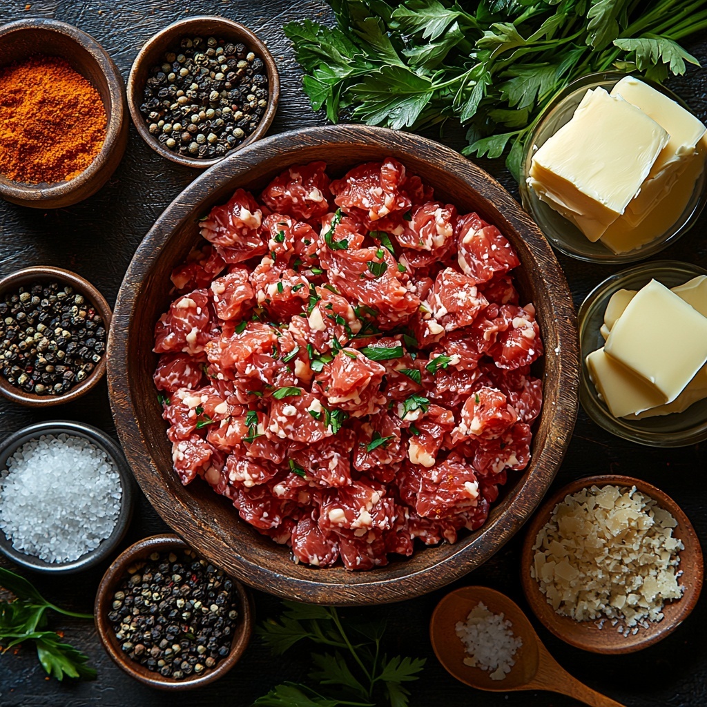 Ground beef in a small rustic bowl with rich red and brown hues, coarse texture visible; nearby teaspoon containers with salt and black pepper, fine white and black granules contrasting on a clean surface; small bowls filled with garlic powder and onion powder, pale beige powders finely textured; a small glass dish of dark, glossy Worcestershire sauce reflecting light; a heap of shredded cheddar cheese, vibrant orange with soft shredded texture; partially unrolled tube of biscuit dough, smooth pale cream color with soft, fluffy texture; a small bowl of melted butter, golden yellow and glossy; minced garlic finely chopped, fresh and moist in a small white dish; grated Parmesan cheese, pale off-white with delicate flakes piled neatly; fresh parsley sprigs, bright green with crisp leaves artfully scattered; all ingredients carefully spaced and arranged on a clean white or light wooden surface to enhance color contrast and highlight textures, styled with natural diffused lighting creating soft shadows; subtle props like a wooden spoon and a small linen napkin placed to add warmth without distraction; overhead shot, top down view, flat lay photography, professional food styling --ar 1:1 --q 2 --s 750 --v 6.1
