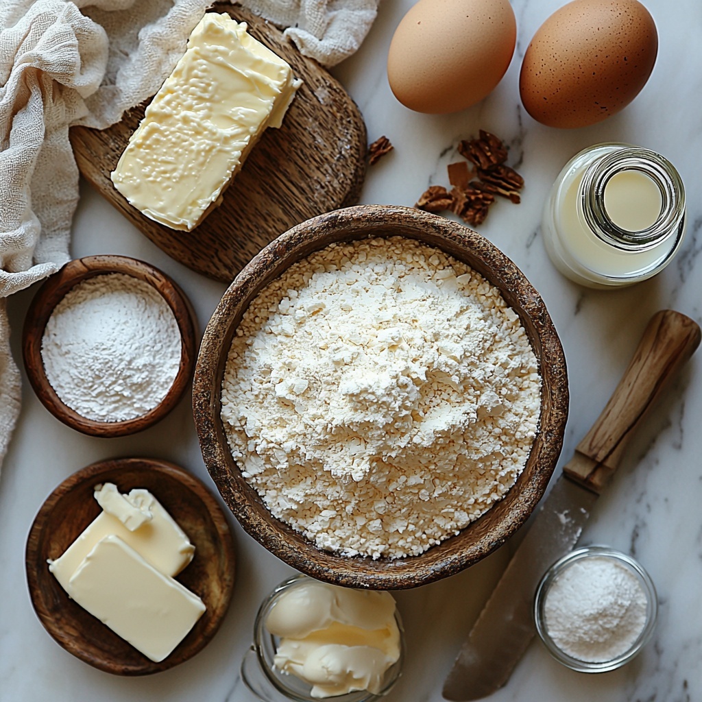 4 cups all-purpose flour in a rustic ceramic bowl, a small pile of fine white granulated sugar beside it, a small mound of light brown cinnamon powder, a neatly wrapped packet of active dry yeast, a small glass bowl with warm creamy milk, a pat of melted golden butter in a small clear dish, two smooth large brown eggs resting on their sides, a pinch of coarse white salt in a tiny dish, a dollop of softened pale yellow butter on a wooden butter knife, a bowl filled with rich dark brown packed brown sugar, a block of soft cream cheese with a butter knife beside it, a small bowl of fluffy white powdered sugar, a tiny glass bottle of vanilla extract with a cork, and a small glass jug of milk; all ingredients carefully spaced and arranged on a pristine white marble countertop with natural soft daylight creating gentle shadows, highlighting the varied textures from soft powders to glossy eggshells and creamy butters; subtle styling accents include a folded linen napkin in soft beige and a light wooden cutting board to add warmth, emphasizing clean, inviting, and fresh baking preparation – overhead shot, top down view, flat lay photography, professional food styling --ar 1:1 --q 2 --s 750 --v 6.1