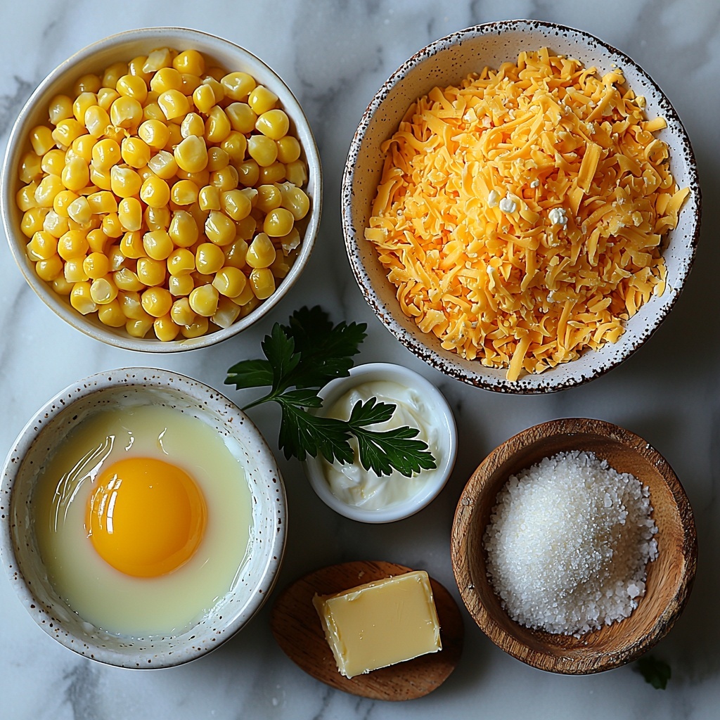 14.5 oz can of cream style corn with visible creamy texture, single bright yellow egg yolk in a small white ceramic bowl, melted golden butter pooling on a rustic wooden spoon, 3/4 cup corn muffin mix in a clear glass measuring cup showing coarse yellow cornmeal texture, small white dish with kosher salt crystals, 1/4 cup thick and creamy white sour cream in a round porcelain bowl, fresh finely chopped bright green parsley scattered lightly nearby, 1/2 cup sharp shredded cheddar cheese with vibrant orange hues in a small bowl — all neatly arranged on a clean white marble surface with soft natural lighting creating subtle shadows, minimalistic styling with a few sprigs of parsley for freshness, slight texture contrast between smooth, creamy, and coarse elements, emphasis on vibrant yellows and greens for visual interest, clean and inviting composition — overhead shot, top down view, flat lay photography, professional food styling --ar 1:1 --q 2 --s 750 --v 6.1