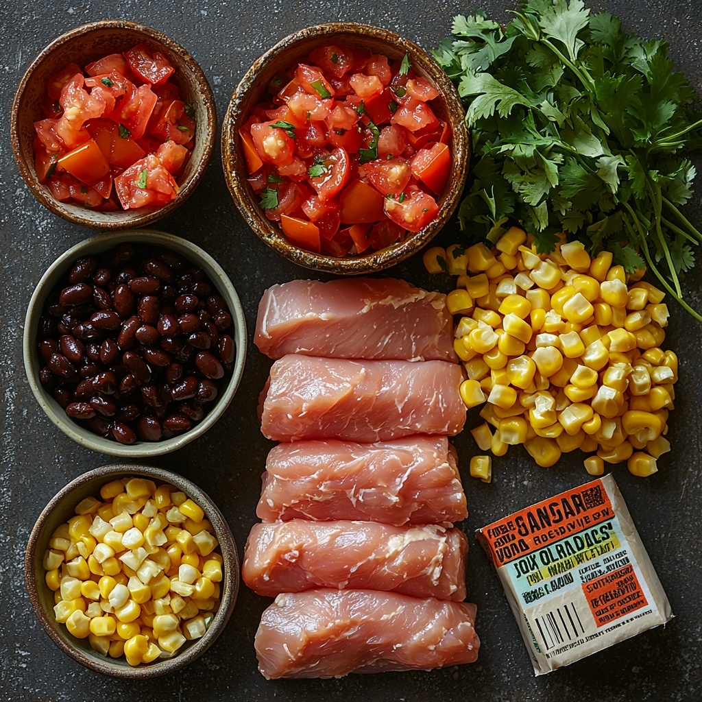 boneless, skinless chicken breasts raw, two plump pale pink pieces; bright red enchilada sauce in a small rustic bowl with a glossy surface; a can of fire-roasted tomatoes spilled slightly showing vibrant red chunks with charred edges; diced green chiles in a small white dish showcasing their rich green color; a packet of taco seasoning with colorful text and a few spilled reddish-brown granules on the surface; shredded Mexican cheese blend with yellow, orange, and white strands heaped loosely; black beans glossy and deep black, drained and placed in a small bowl; sweet corn kernels bright golden yellow, scattered next to the beans; sliced gluten-free or corn tortillas arranged in neat fan-shaped strips with a light golden hue and textured corn surface; optional cream cheese block, smooth and white on a small wooden board with a butter knife; fresh cilantro sprigs vivid green with delicate leaves artfully placed; all ingredients arranged spaced evenly on a clean, matte white surface to enhance colors and textures, styled with natural soft lighting, subtle shadows, and minimal props to keep focus on the ingredients’ freshness and variety, creating an inviting, organized, and colorful composition. overhead shot, top down view, flat lay photography, professional food styling --ar 1:1 --q 2 --s 750 --v 6.1