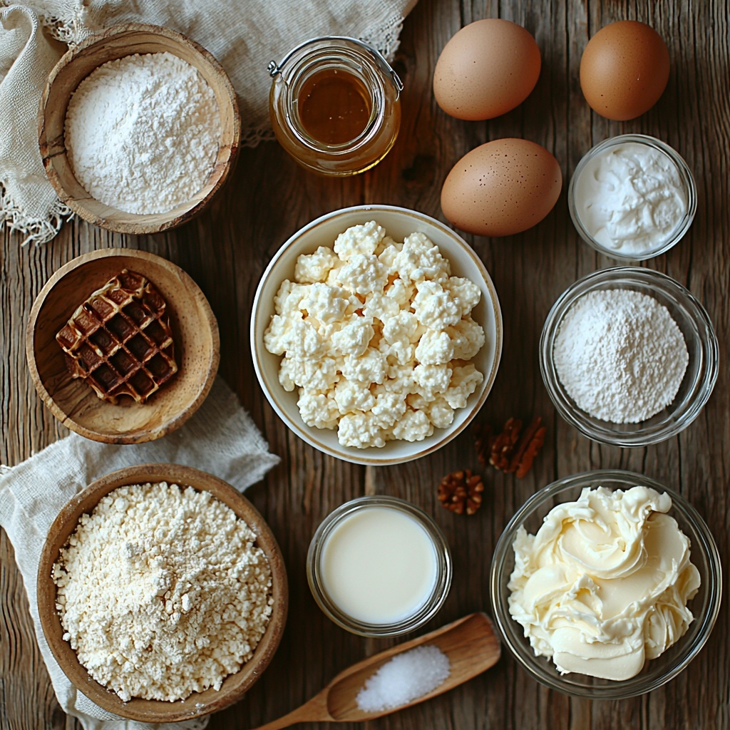 A bright, clean surface with all the main ingredients for cinnamon roll waffles thoughtfully arranged in a balanced flat lay: a neat mound of white all-purpose flour in a small bowl, a wooden spoon holding golden granulated sugar, a small heap of light brown baking powder and a sprinkle of fine salt displayed in tiny white ceramic dishes, a glass measuring cup filled with creamy milk, two fresh large eggs with smooth shells, a small glass bowl of melted golden butter, a clear bottle of amber vanilla extract, a small bowl of rich brown sugar mixed with warm reddish-brown ground cinnamon, a block of creamy white 8-ounce cream cheese resting on parchment paper, a small bowl of fluffy powdered sugar, and a tiny dish with additional vanilla extract for frosting. The textures vary from powdery and granular to smooth and creamy, highlighted by soft, natural light that casts gentle shadows. A lightweight linen cloth and a rustic wooden spatula lay subtly at the edges to create visual interest and warmth. The composition is artfully spaced with a focus on color contrast and ingredient detail, showcasing the essentials with an inviting, homey vibe. Overhead shot, top down view, flat lay photography, professional food styling --ar 1:1 --q 2 --s 750 --v 6.1