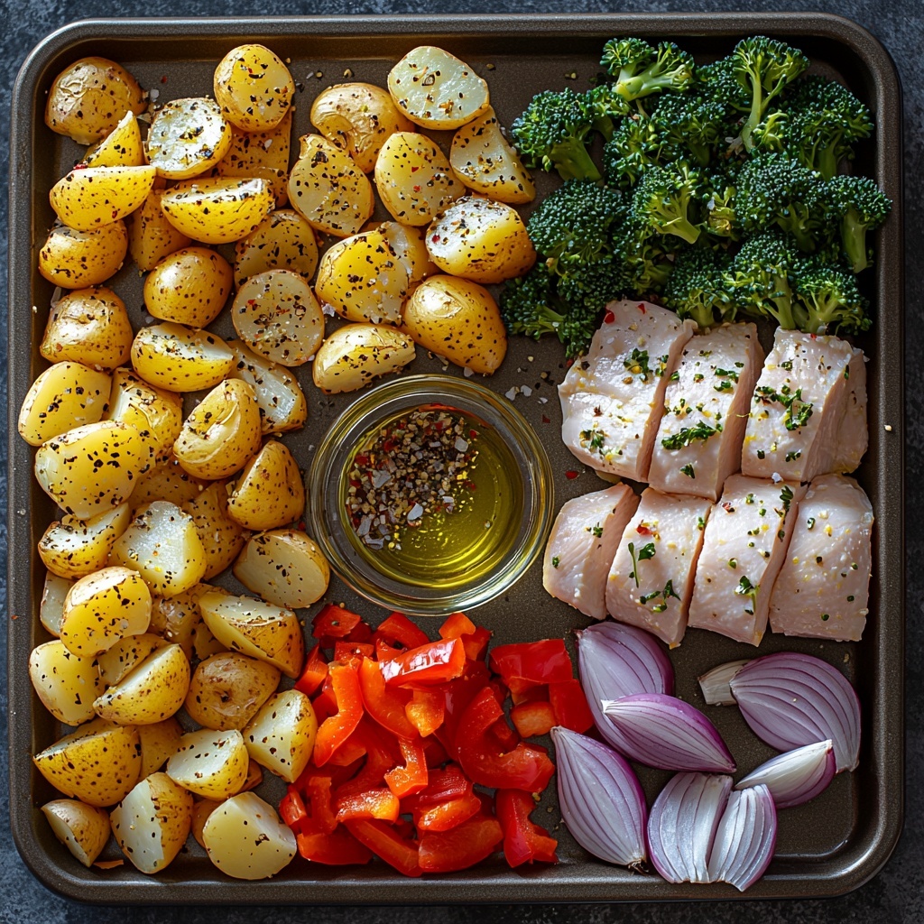 A clean, bright surface featuring a neatly arranged flat lay of sheet pan chicken dinner ingredients: vibrant halved baby potatoes with golden-yellow and light brown skins, fresh red onion wedges with vivid purple layers, crisp red bell pepper chunks showing shiny, smooth skin, bright green broccoli florets with textured crowns, four peeled garlic cloves finely minced, two raw boneless, skinless chicken breasts cut into even 1-inch pieces with a pale pink, smooth texture. Alongside, a small glass bowl of golden olive oil with a glossy sheen, scattered coarse salt crystals, small piles of black pepper, garlic powder, onion powder, and dried oregano leaves forming soft, earthy textured mounds. A fresh lemon, half zested with zest flakes nearby and a halved lemon showing the juicy, vibrant yellow flesh. Everything is carefully spaced with slight overlaps to balance color and texture contrast, styled for a fresh, natural kitchen vibe with soft, diffused lighting highlighting the juicy freshness and rustic textures. Overhead shot, top down view, flat lay photography, professional food styling --ar 1:1 --q 2 --s 750 --v 6.1
