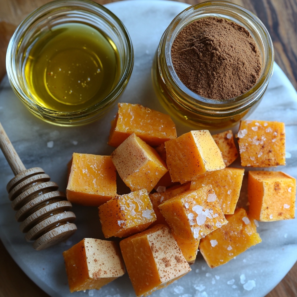 Sweet potatoes peeled and cut into evenly sized cubes, vibrant orange with smooth and slightly rough textures; a small glass bowl of golden olive oil with a glossy surface; a rustic wooden spoon heaped with warm brown ground cinnamon powder; a small jar of thick amber honey gleaming under soft light; a small ceramic dish of coarse white sea salt crystals catching light delicately; all ingredients thoughtfully arranged on a clean white marble surface with subtle natural veins, spaced evenly to showcase their individual colors and textures while maintaining a harmonious balance; soft natural lighting enhancing the warm hues and creating gentle shadows for depth; minimal props to keep focus on the ingredients, styled for clarity and inviting appeal, slight droplets of olive oil adding shine and freshness, cinnamon powder gently dusted near the wooden spoon for texture contrast, honey jar lid slightly off to the side suggesting use. overhead shot, top down view, flat lay photography, professional food styling --ar 1:1 --q 2 --s 750 --v 6.1