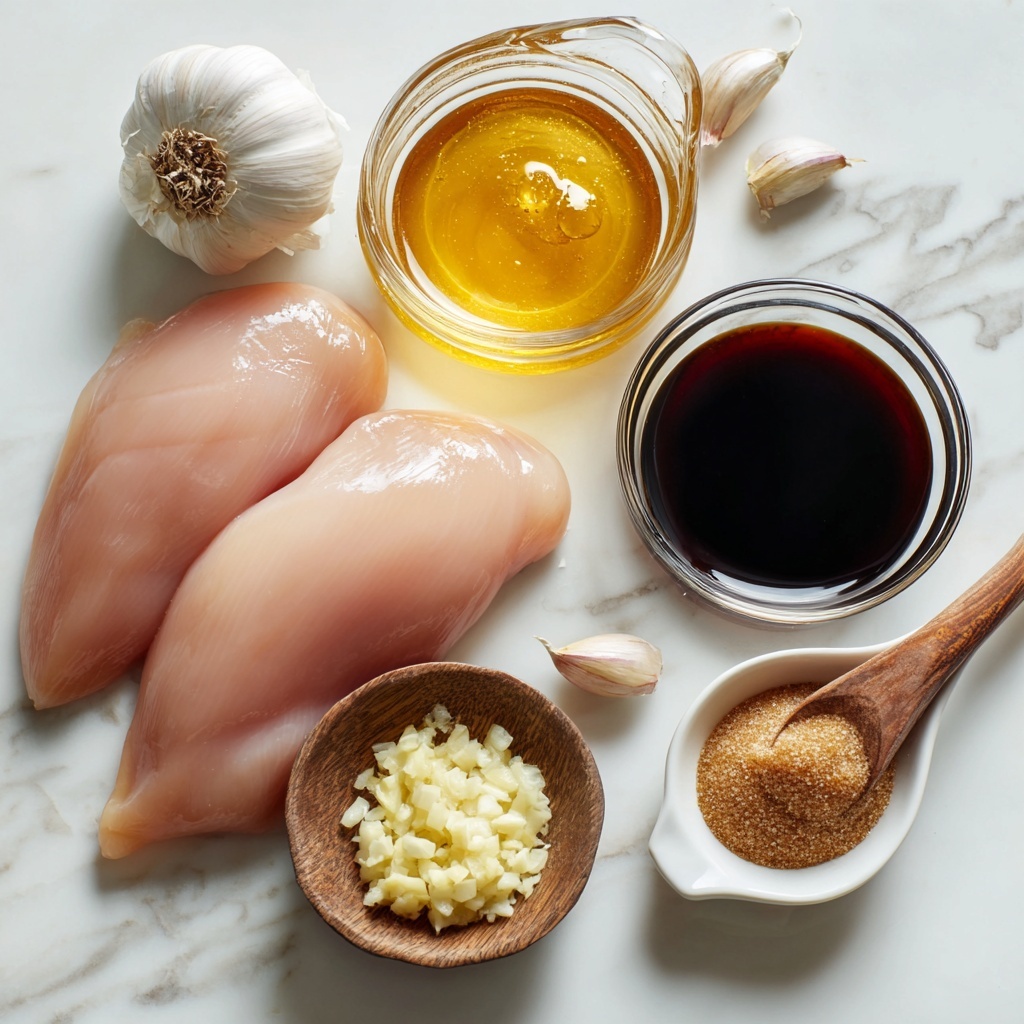 4 boneless, skinless chicken breasts raw, pale pink and plump; 4 fresh garlic cloves minced with a small rustic wooden bowl of minced garlic nearby; 1/2 cup low-sodium soy sauce in a small glass measuring cup, deep brown and glossy; 1/3 cup golden honey in a clear glass jar with honey drips on the rim; 2 tablespoons dark, rich balsamic vinegar in a small white ceramic dish; 2 tablespoons soft, moist brown sugar piled in a small vintage spoon; all ingredients carefully spaced on a clean white marble surface, natural daylight softly diffused from the side, slight shadows adding depth, crisp and bright colors highlighting freshness, minimal rustic props like a wooden spoon and fresh garlic bulb off to the side for warmth and context; overhead shot, top down view, flat lay photography, professional food styling --ar 1:1 --q 2 --s 750 --v 6.1