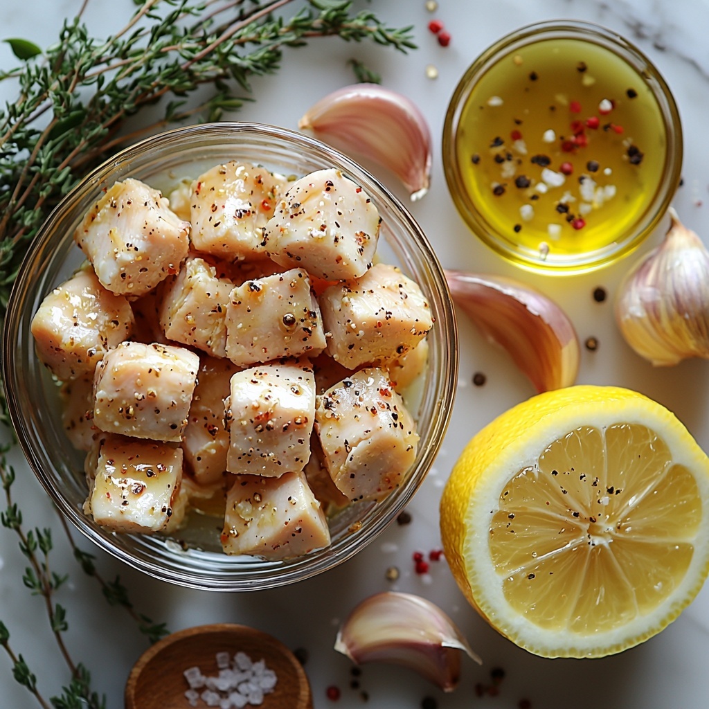 4 boneless skinless chicken breasts, 2 tablespoons golden olive oil in a small glass bowl, 1 large shallot finely chopped with pale purple and white tones, 3 garlic cloves whole and peeled showing smooth off-white skin, fresh thyme sprigs with vibrant green leaves, bright yellow lemon with zest and a halved lemon showing juicy interior, small clear bowl of light golden chicken broth, scattered coarse sea salt crystals and freshly cracked black peppercorns, all arranged neatly on a clean white marble surface with natural daylight casting soft shadows, ingredients spaced evenly with rustic wooden spoon and small knife placed casually nearby, emphasizing fresh textures and vivid colors, minimalist and elegant styling, overhead shot, top down view, flat lay photography, professional food styling --ar 1:1 --q 2 --s 750 --v 6.1