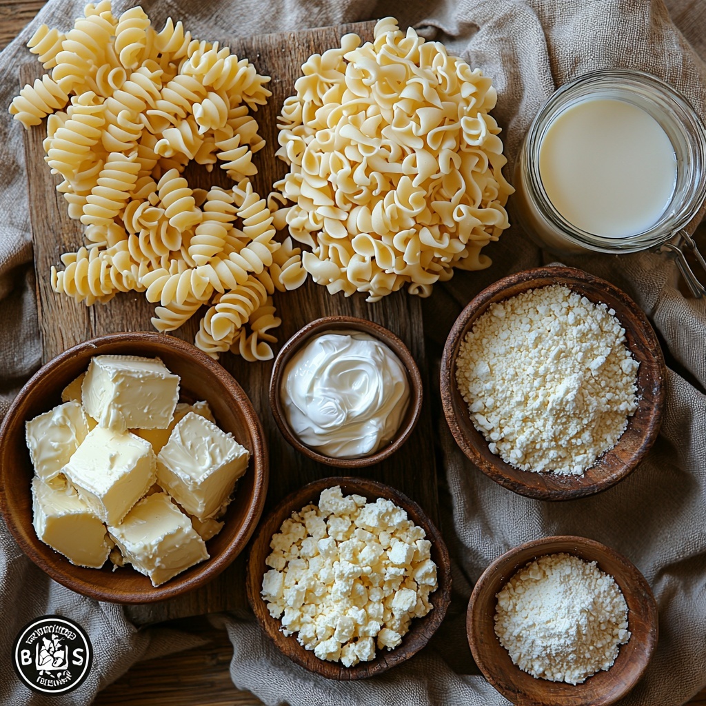 /Imagine prompt: A clean, bright kitchen surface arranged with the main ingredients for Easy Boursin Mac and Cheese. Neatly piled short pasta shells in a small rustic bowl, showcasing their pale yellow color and smooth texture. A whole round of creamy white Boursin cheese on a wooden cheese board, its soft texture visible. A small bowl filled with finely grated white cheddar cheese, showing a fluffy, crumbly texture. A glass measuring cup with rich, glossy heavy cream beside a small jug of pale milk. Two small vintage dishes holding unsalted butter, one with two tablespoons softened and slightly melting, the other with crumbs of golden toasted plain breadcrumbs with a crisp, crunchy texture scattered artistically around it. A small ceramic bowl containing all-purpose flour, soft and powdery, next to a shallow dish sprinkled with fine salt crystals. All items spaced thoughtfully to create balance and contrast on a warm, neutral-toned linen cloth background, natural soft lighting from the side enhancing the creamy whites, golden yellows, and warm beige tones. Subtle shadows add depth and dimension, capturing the textures beautifully. Overhead shot, top down view, flat lay photography, professional food styling --ar 1:1 --q 2 --s 750 --v 6.1