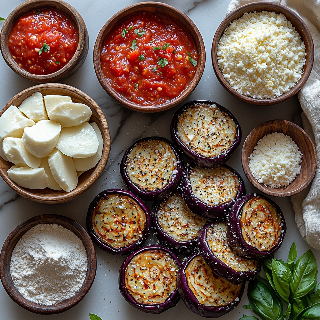 large eggplant sliced into rounds with deep purple skin and creamy white flesh, small bowls containing all-purpose flour (fine white powder), beaten eggs with a glossy yellow texture, seasoned bread crumbs mixed with grated Parmesan cheese and Italian seasoning showcasing a golden, crumbly texture, a teaspoon of garlic powder in a tiny rustic bowl, a small bowl of rich red marinara sauce with visible tomato chunks, shredded mozzarella cheese in a loose pile showing soft, stringy white texture, thinly sliced fresh basil leaves with vibrant green color scattered delicately, fresh parsley sprigs adding a pop of bright green, all ingredients neatly arranged on a clean white marble surface with soft natural light casting gentle shadows, minimalistic styling with wooden spoons and a light linen napkin nearby to add warmth and texture, slight flour dusting around the bowls enhancing the artisanal feel, overhead shot, top down view, flat lay photography, professional food styling --ar 1:1 --q 2 --s 750 --v 6.1