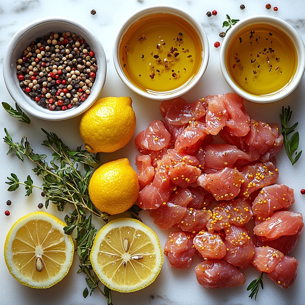 Midjourney prompt:

A clean white marble surface with the main ingredients for baked crunchy honey chicken artfully arranged: raw chicken pieces with a light pink hue, a small bowl of golden honey glistening under soft light, a pile of crispy golden-brown breadcrumbs with a rough texture, fresh lemon halves with bright yellow color and juicy texture, sprigs of fresh green thyme leaves, a small white dish of pale yellow mustard, scattered whole peppercorns in black and red tones, and a small bowl of olive oil with a rich amber sheen. The ingredients are spaced evenly yet naturally, with subtle shadows adding depth. The composition highlights vibrant colors, contrasting textures like the smooth honey, crumbly breadcrumbs, and tender raw chicken, all styled with minimal props to keep focus on the freshness and variety. Soft natural lighting enhances the warmth and appetizing feel of the scene. Overhead shot, top down view, flat lay photography, professional food styling --ar 1:1 --q 2 --s 750 --v 6.1