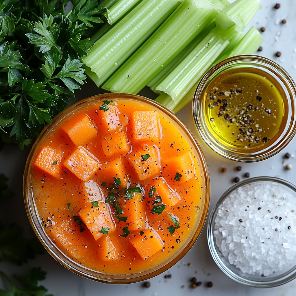 beautiful flat lay of fresh cooking ingredients arranged neatly on a clean white surface for a vibrant carrot and celery soup recipe: 4 large bright orange carrots chopped, 4 crisp green celery stalks sliced, a whole yellow onion diced into small cubes, 2 cloves of garlic minced finely, a small glass bowl of golden olive oil, a clear glass container filled with rich vegetable broth, small bowls of coarse salt and cracked black pepper, and fresh vibrant green parsley sprigs for garnish scattered artfully; showcasing a contrast of colors with the orange, green, white, and golden hues; natural textures of rough chopped vegetables and smooth liquids highlighted; soft natural lighting emphasizing freshness and texture; minimal shadows to create a clean, fresh, inviting look; everything arranged with balanced spacing and slight overlaps to create visual interest; overhead shot, top down view, flat lay photography, professional food styling --ar 1:1 --q 2 --s 750 --v 6.1