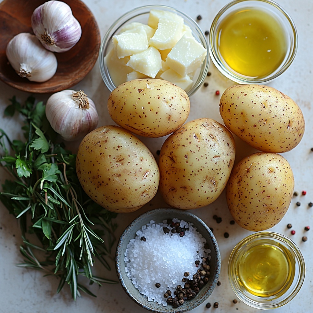 4 medium Russet potatoes with rough brown skins, several cloves of fresh garlic both whole and minced in small bowls, a small pile of mixed fresh herbs including bright green parsley, rosemary sprigs with needle-like leaves, and thyme with delicate tiny green leaves, a small glass bowl of golden olive oil reflecting light, a heap of coarse sea salt crystals, a small mound of cracked black pepper, a creamy white bowl of smooth mayonnaise, a small bowl of fresh lemon juice with a pale yellow tint, all carefully arranged on a clean white or light wooden surface with natural soft lighting casting gentle shadows highlighting the textures—potatoes placed slightly off-center, herbs fanned out around them, garlic cloves scattered casually, bowls arranged symmetrically but organically, salt and pepper near the olive oil to suggest seasoning process. Overhead shot, top down view, flat lay photography, professional food styling --ar 1:1 --q 2 --s 750 --v 6.1