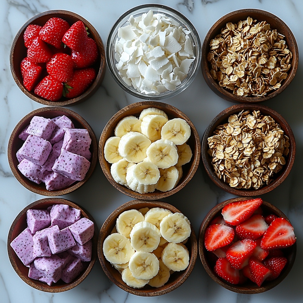 2 frozen acai superfruit packs with deep purple color, 1 large ripe banana sliced and whole, 1/2 cup clear coconut water or creamy unsweetened vanilla almond milk in a small glass, bright red sliced strawberries, pale yellow sliced banana pieces, white shredded coconut flakes, golden brown crumbled granola clusters arranged neatly on a clean white marble surface. Ingredients are spaced evenly in small rustic bowls and artfully scattered piles around the center, highlighting vibrant colors and varied textures—from smooth and creamy to crunchy and flaky. Natural soft lighting enhances fresh, vibrant hues and subtle shadows, minimal props, fresh and inviting flat lay composition, overhead shot, top down view, flat lay photography, professional food styling --ar 1:1 --q 2 --s 750 --v 6.1