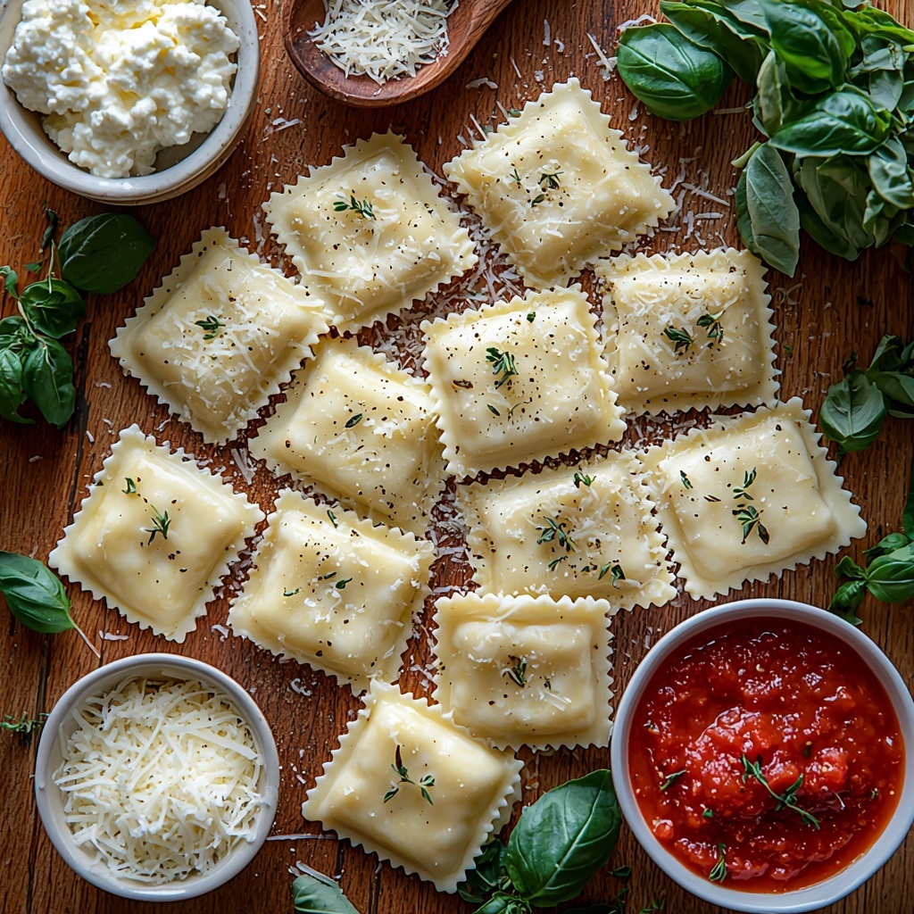 Twelve fresh or frozen cheese ravioli arranged neatly in a small pile with their delicate folded edges visible, a rustic white bowl filled with bright red marinara sauce flecked with green dried Italian herbs, a smooth white ceramic bowl heaping with creamy ricotta cheese, a small clear glass bowl of shredded whole milk mozzarella cheese showing soft, fluffy texture, a rustic wooden spoon dusted with finely grated pale yellow Parmesan cheese scattered artistically nearby. All ingredients are laid out on a clean, light wooden surface with natural soft lighting that enhances the vibrant reds, creamy whites, and golden yellows. Sprigs of fresh basil and a few scattered dried Italian herb leaves add a subtle pop of green for contrast. The composition is balanced with ample negative space around each ingredient, styled with minimal props to emphasize freshness and texture. Overhead shot, top down view, flat lay photography, professional food styling --ar 1:1 --q 2 --s 750 --v 6.1