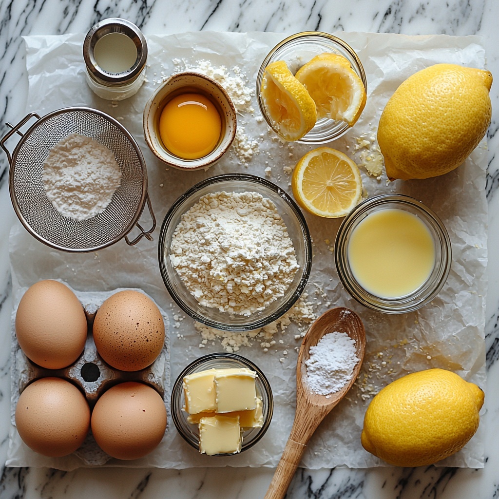 vibrant flat lay of lemon custard cake ingredients arranged neatly on a clean white marble surface: four large eggs cracked open with yolks in a small glass bowl and whites in a separate bowl, 3/4 cup granulated sugar in a small clear glass jar, 1/2 cup melted unsalted butter in a small ceramic pitcher, 1 teaspoon vanilla extract in a tiny vintage glass bottle, 1/2 cup all-purpose flour sifted on parchment paper with light dusting around, 1/4 cup fresh lemon juice in a clear bowl next to a bright whole lemon and fresh lemon zest curls on a wooden spoon, 2 cups lukewarm whole milk in a frosted glass measuring cup, and a fine sieve with powdered sugar scattered artistically nearby. Soft natural light highlights the glossy textures of the eggs and butter, the bright yellow of lemon elements contrasts with the white flour and sugar, subtle shadows add depth, some rustic linen fabric partially visible for warmth, crisp focus on all ingredients, minimalistic and inviting styling. overhead shot, top down view, flat lay photography, professional food styling --ar 1:1 --q 2 --s 750 --v 6.1