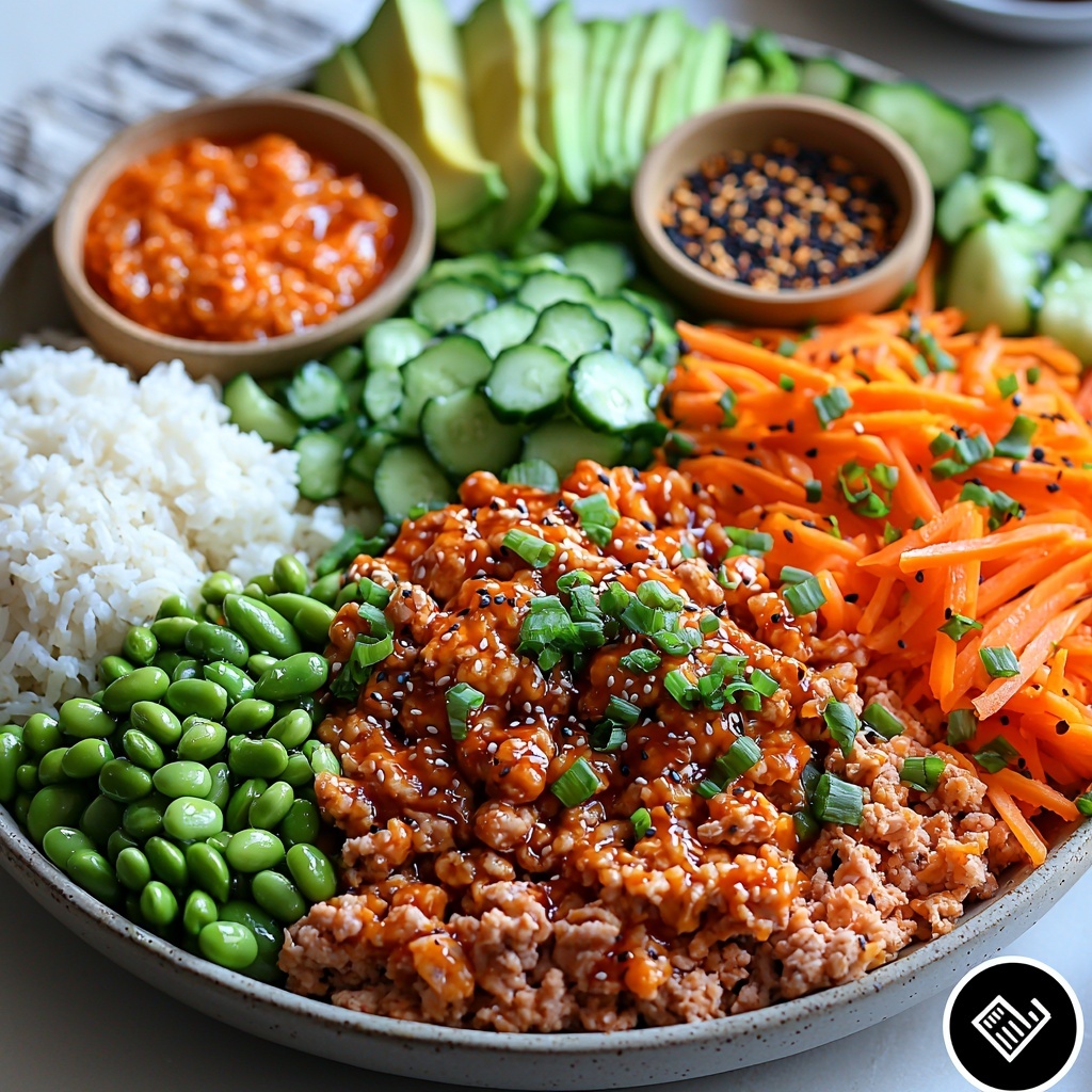 A vibrant flat lay of Bang Bang Turkey Bowl ingredients artfully arranged on a clean white surface. Centered are bright, glossy scoops of cooked ground turkey browned to golden with visible crumbles, next to a small bowl of glossy orange-red bang bang sauce blending creamy mayonnaise, Thai sweet chili sauce, and sriracha. Nearby sits a wooden spoon drizzled with shiny sesame oil. Fresh, colorful piles surround the protein: shredded bright orange carrots with fine texture, crisp green edamame beans, neatly sliced pale green cucumber, and creamy light green avocado cubes with smooth texture. A mound of fluffy white rice contrasts with the vivid toppings. Small bowls hold smoky red paprika powder, warm golden honey with sticky shine, and light brown soy sauce reflecting light. Pinches of garlic powder, salt, and pepper add subtle texture in tiny bowls. The arrangement balances warm tones of meat and sauces with cool fresh vegetables for a harmonious color palette. Soft natural light highlights textures and colors, with minimal shadows and clean styling emphasizing freshness and vibrance. Overhead shot, top down view, flat lay photography, professional food styling --ar 1:1 --q 2 --s 750 --v 6.1