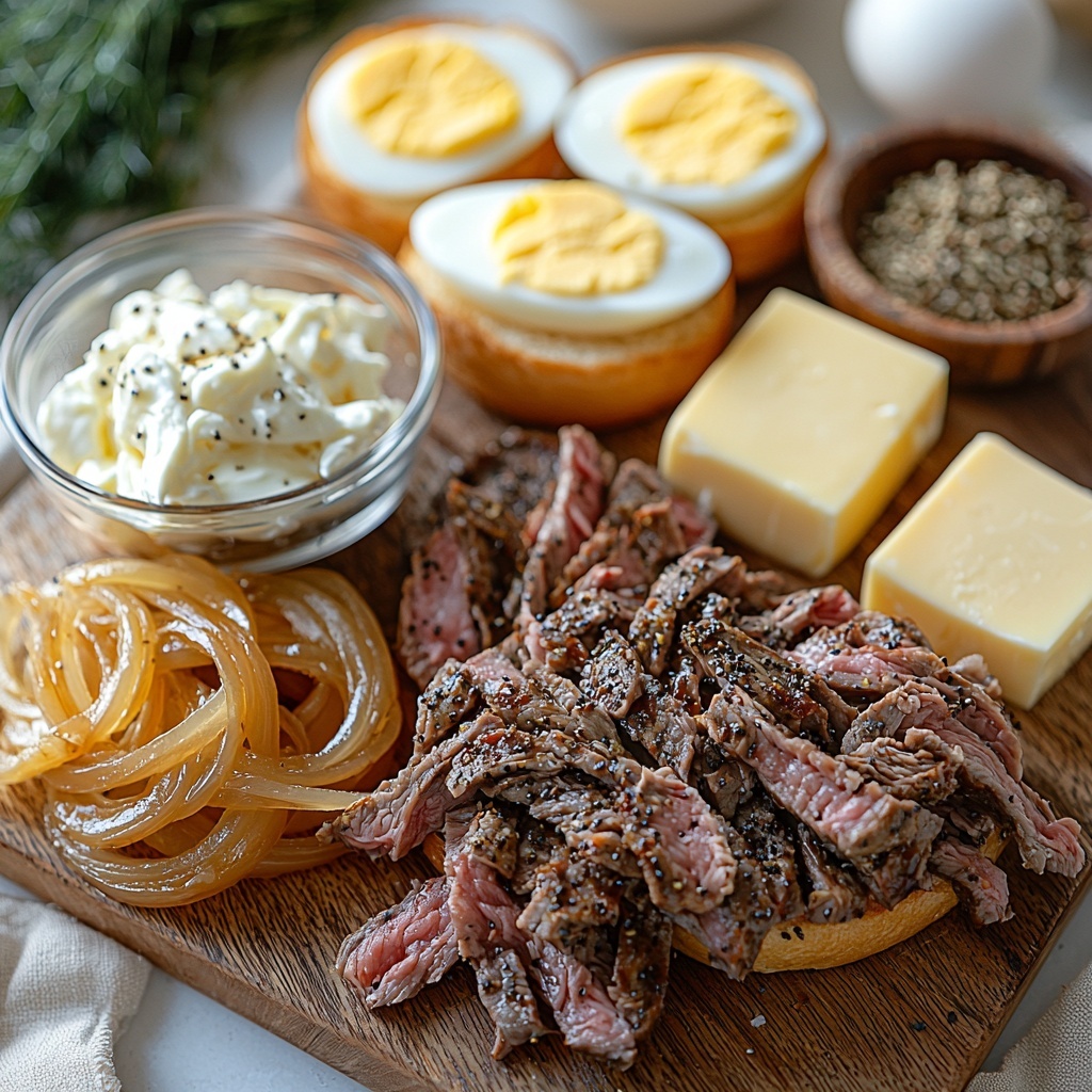 a clean white surface neatly arranged with the main ingredients for a steak egg cheese bagel sandwich: a small pile of thinly sliced caramelized golden-brown onions glistening with butter; a bowl of glossy, rich shaved steak coated in dark Worcestershire sauce sprinkled with coarse Montreal steak seasoning; four softly beaten eggs in a clear glass bowl showing their bright yellow, slightly frothy texture; two halved bagels, toasted to a warm golden brown with a slight crisp texture; two square slices of smooth, pale yellow American cheese; a small bowl of creamy mayonnaise mixed with pale yellow mustard and speckled with green dried dill; a few tablespoons of unsalted butter in a small dish with a subtle creamy sheen; whole and cracked peppercorns and a pinch of salt scattered lightly around for texture; everything spaced evenly and thoughtfully to balance colors and textures with natural soft lighting casting gentle shadows, styled with minimal rustic props such as a linen napkin and simple wooden cutting board, overhead shot, top down view, flat lay photography, professional food styling --ar 1:1 --q 2 --s 750 --v 6.1