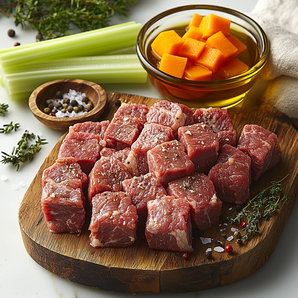 3 lbs raw beef shoulder with rich marbling, a small rustic bowl filled with golden amber apple cider, a whole peeled and finely chopped white onion, three garlic cloves minced into tiny pieces, two vibrant orange carrot slices, two fresh green celery stalks chopped, a small glass dish with glossy deep green olive oil, a wooden spoon holding dried thyme leaves, a single dried brown bay leaf, coarse salt crystals scattered lightly, and freshly ground black peppercorns in a small heap; all ingredients meticulously spread out on a smooth clean white surface with natural daylight highlighting the varied textures—the roughness of the beef, the translucency of the onion, the sheen of the olive oil, and the fresh vibrant colors of the vegetables; some ingredients arranged with a slight overlap for depth, others spaced evenly for balance, styled with rustic kitchen props like a wooden cutting board and a linen napkin subtly placed on the edges to add warmth and context; shadows soft and natural, colors vivid but true to life; overhead shot, top down view, flat lay photography, professional food styling --ar 1:1 --q 2 --s 750 --v 6.1