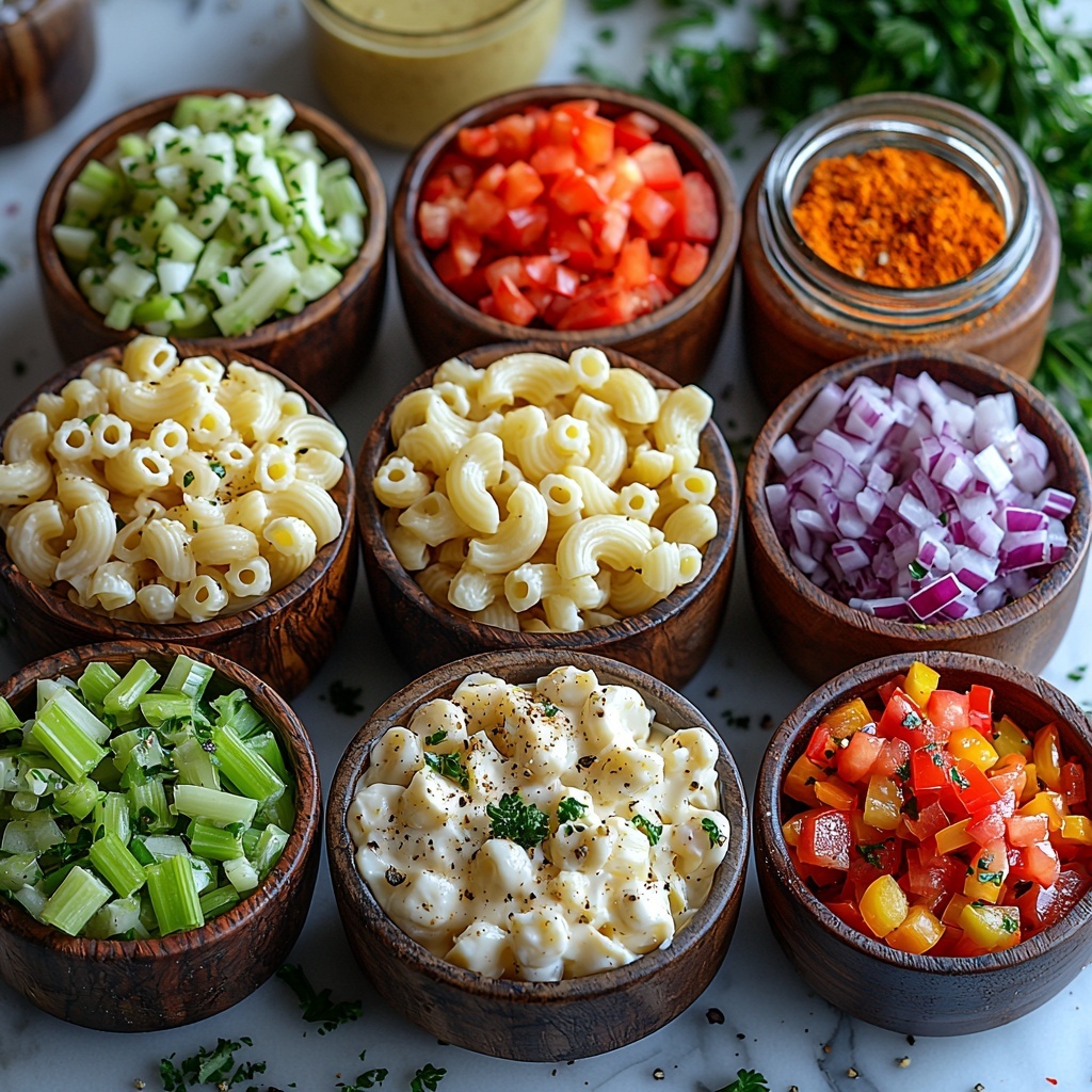 8 oz cooked elbow macaroni in a small rustic bowl, creamy white mayonnaise in a glass jar, bright yellow dollop of smooth yellow mustard on a ceramic spoon, finely chopped celery vibrant pale green in a small wooden bowl, diced green bell pepper with shiny fresh green pieces, diced red bell pepper with glossy deep red pieces, finely chopped red onion showing purple and white layers in a small glass bowl, a small bowl of sweet pickle relish with visible green and yellow relish chunks, scattered coarse salt crystals, freshly ground black pepper in a small wooden scoop, a small glass with a splash of milk, sprinkle of bright red paprika powder in a tiny white dish, all ingredients neatly arranged on a clean white marble surface with soft natural light, subtle shadows for depth, minimalistic and bright styling, slight rustic touch with wooden and ceramic bowls, fresh and inviting colors, overhead shot, top down view, flat lay photography, professional food styling --ar 1:1 --q 2 --s 750 --v 6.1