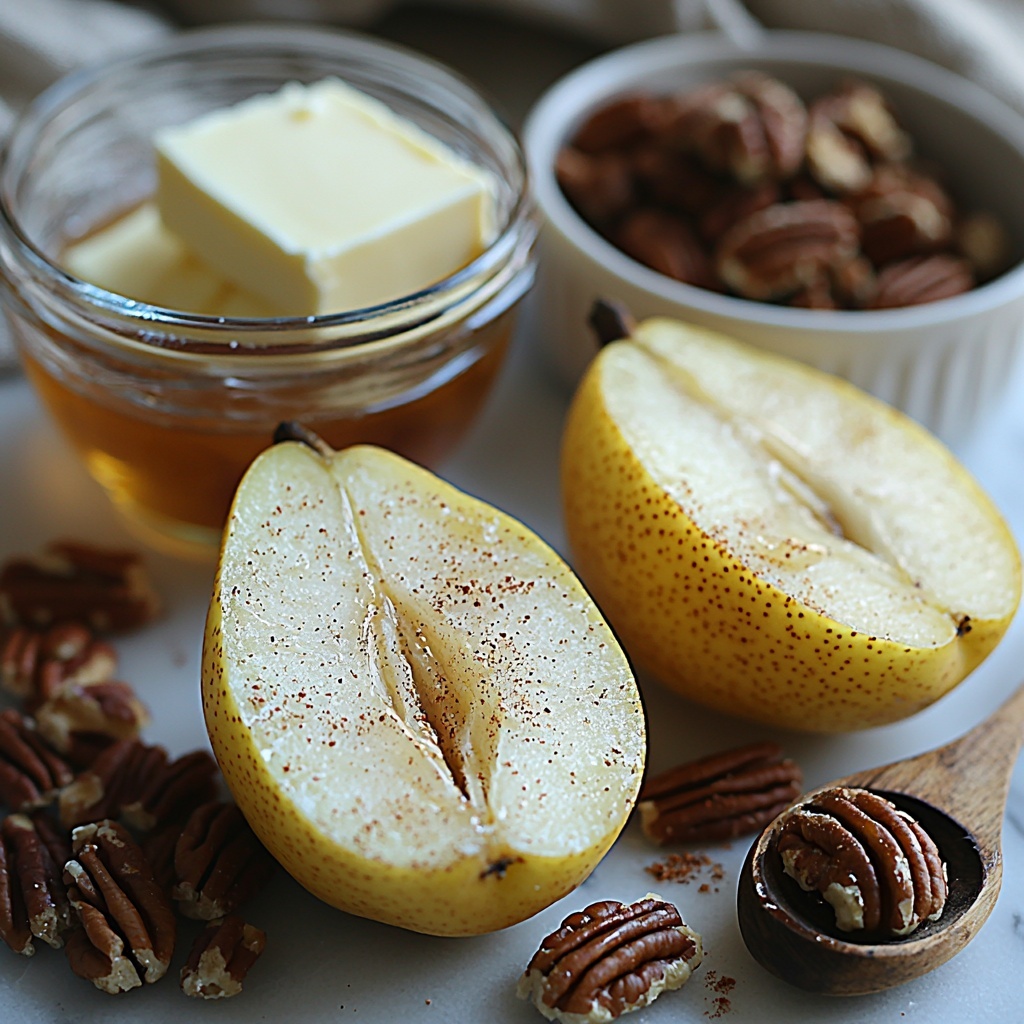 1- 4 ripe halved pears with smooth golden-yellow and blush red skin, glistening maple syrup in a small glass bowl, a small white dish filled with chopped pecans showing rich brown and tan textures, a vintage silver bowl of creamy yellow butter scoops, a rustic ceramic spoon sprinkled with fine cinnamon powder warm reddish-brown, all carefully arranged on a clean white marble surface with natural soft sunlight casting gentle shadows, accents of a light linen napkin and a wooden honey dipper adding warm rustic charm, highlighting the glossy, nutty, and buttery textures, delicate pear seeds visible, overhead shot, top down view, flat lay photography, professional food styling --ar 1:1 --q 2 --s 750 --v 6.1