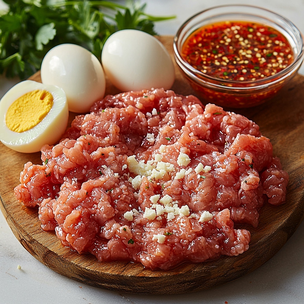 3- A clean white marble surface with the main ingredients beautifully arranged in a balanced flat lay composition: a raw 1 lb mound of pink ground pork on a rustic wooden board, a small white bowl filled with golden brown breadcrumbs, a cracked white egg with yolk visible in a delicate glass dish, a bulb of fresh garlic with individual cloves separated, and a small bowl of vibrant glossy red-orange sweet chili sauce with visible chili flakes. Natural soft daylight highlights the textures—the coarse meat, crumbly breadcrumbs, smooth egg surface, papery garlic skin, and sticky sauce shine. Minimal shadows, clean lines, and a few scattered parsley leaves for a pop of green add freshness. Overhead shot, top down view, flat lay photography, professional food styling --ar 1:1 --q 2 --s 750 --v 6.1