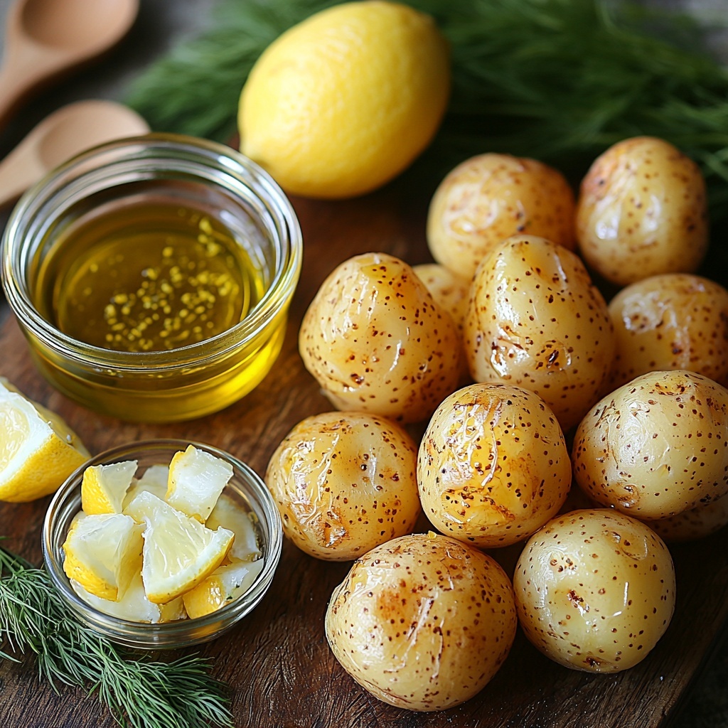 4- baby potatoes in varied shades of creamy yellow and light brown with smooth, slightly shiny skins, small glass bowl of golden olive oil glistening under soft light, fresh lemon wedges and a small dish of bright, pale yellow lemon juice, fresh dill sprigs with vibrant deep green feathery leaves artistically scattered, a small bowl of smooth, pale yellow Dijon mustard, all ingredients carefully spaced and arranged on a clean white matte surface highlighting natural colors and textures, soft natural lighting casting gentle shadows, minimalistic styling with a few rustic wooden utensils and a linen napkin subtly placed near edges for warmth and context, emphasizing freshness and simplicity, overhead shot, top down view, flat lay photography, professional food styling --ar 1:1 --q 2 --s 750 --v 6.1