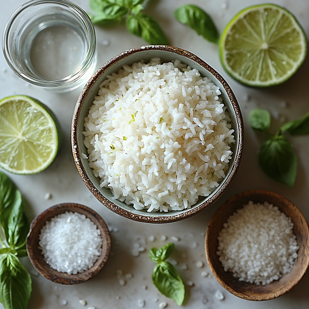 5- jasmine rice in a small clear glass bowl with some grains spilled artistically around it, a white ceramic bowl filled with creamy coconut milk showing smooth texture, a small glass measuring cup with water reflecting light softly, fresh bright green lime zest scattered in a small dish and some zest sprinkled gently nearby, a small rustic bowl of coarse sea salt with crystals visible, all arranged neatly and spaced evenly on a clean white matte surface with natural soft daylight illuminating the scene, subtle shadows adding depth, minimalistic and airy styling emphasizing fresh, natural ingredients, colors focused on white, green, and natural beige tones, overhead shot, top down view, flat lay photography, professional food styling --ar 1:1 --q 2 --s 750 --v 6.1