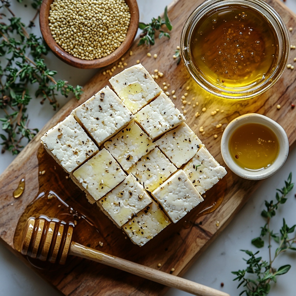 6- A clean white tabletop with all the main ingredients for honey mustard baked tofu neatly arranged in a balanced flat lay composition: a block of firm tofu partially cubed on a small wooden cutting board showing its firm, white texture; a small glass bowl filled with glossy golden honey catching the light; a spoonful of creamy pale yellow Dijon mustard in a delicate ceramic dish; a small glass jar of rich greenish-golden olive oil with some oil drizzled artistically nearby; fresh honey dipper resting beside the bowl; soft natural lighting highlighting the contrasting textures and warm colors; minimal shadows for a crisp, inviting look; subtle sprigs of fresh herbs or scattered mustard seeds for color accent and styling interest. overhead shot, top down view, flat lay photography, professional food styling --ar 1:1 --q 2 --s 750 --v 6.1