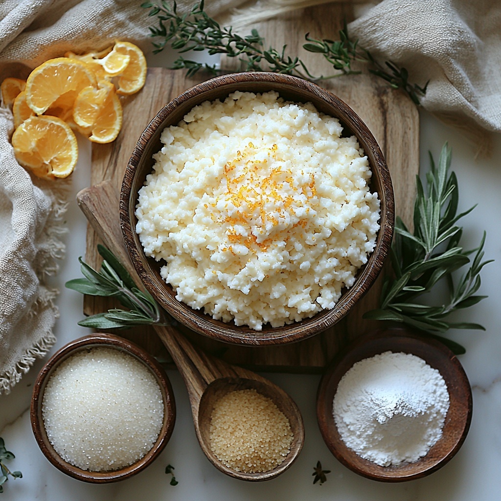 7- A clean white marble surface with small rustic bowls containing pale golden semolina grains, creamy white yogurt in a ceramic bowl, fine white granulated sugar spilled slightly beside a wooden spoon, fresh bright orange zest curls arranged neatly on a small plate, and a small heap of warm brown ground cardamom powder on a rustic wooden board. The ingredients are spaced evenly with natural soft daylight casting gentle shadows, highlighting the contrasting textures from gritty semolina to smooth yogurt and fine spice powders. Subtle sprigs of fresh green herbs and a linen napkin add warmth and Mediterranean charm. Overhead shot, top down view, flat lay photography, professional food styling --ar 1:1 --q 2 --s 750 --v 6.1
