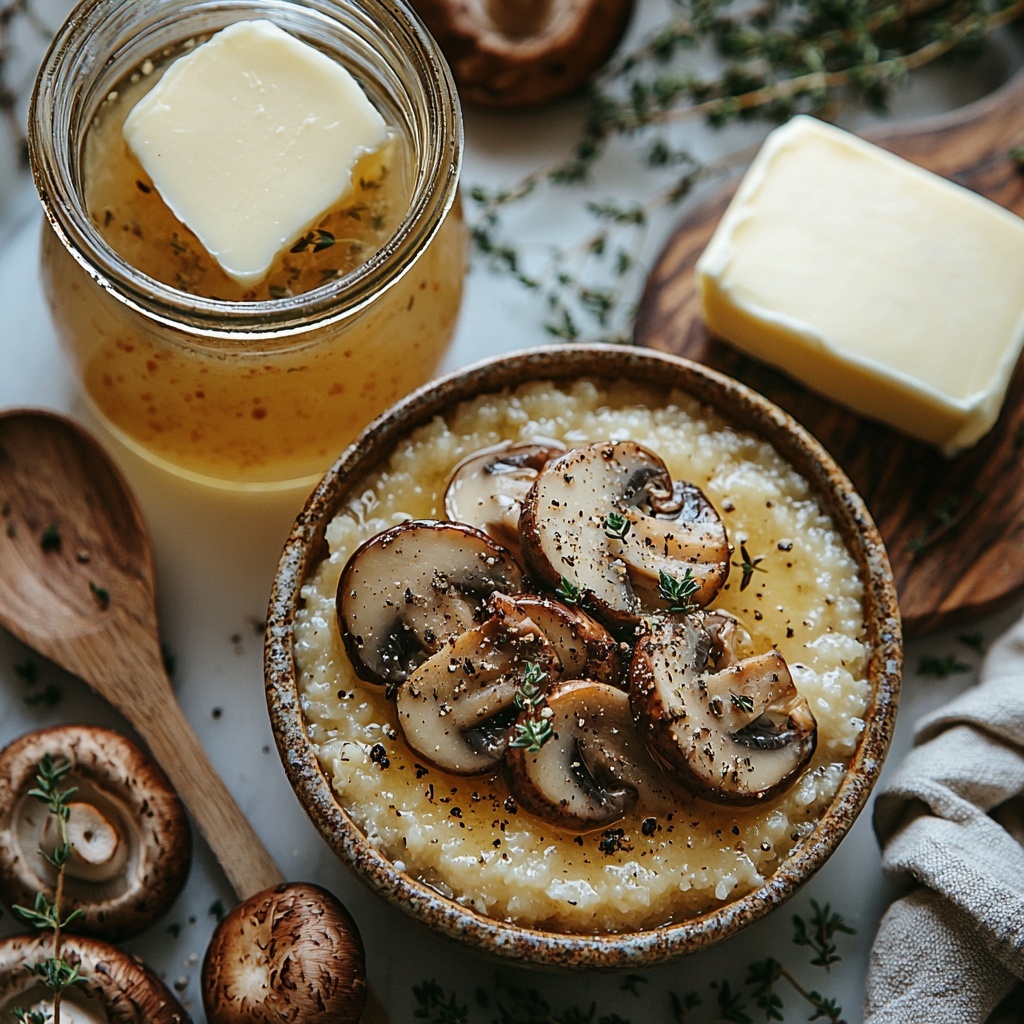 9- cornmeal in a small rustic bowl with a slightly coarse golden texture, a glass jug of warm golden-yellow vegetable broth, a pat of creamy pale-yellow butter on a wooden butter dish, fresh whole and sliced brown mushrooms with soft gills visible, sprigs of fresh green thyme scattered delicately around, all arranged neatly on a clean white marble surface with natural soft lighting highlighting the vibrant earthy colors and varied textures, small vintage wooden spoons and linen napkins adding subtle rustic charm, slight shadows for depth, overhead shot, top down view, flat lay photography, professional food styling --ar 1:1 --q 2 --s 750 --v 6.1